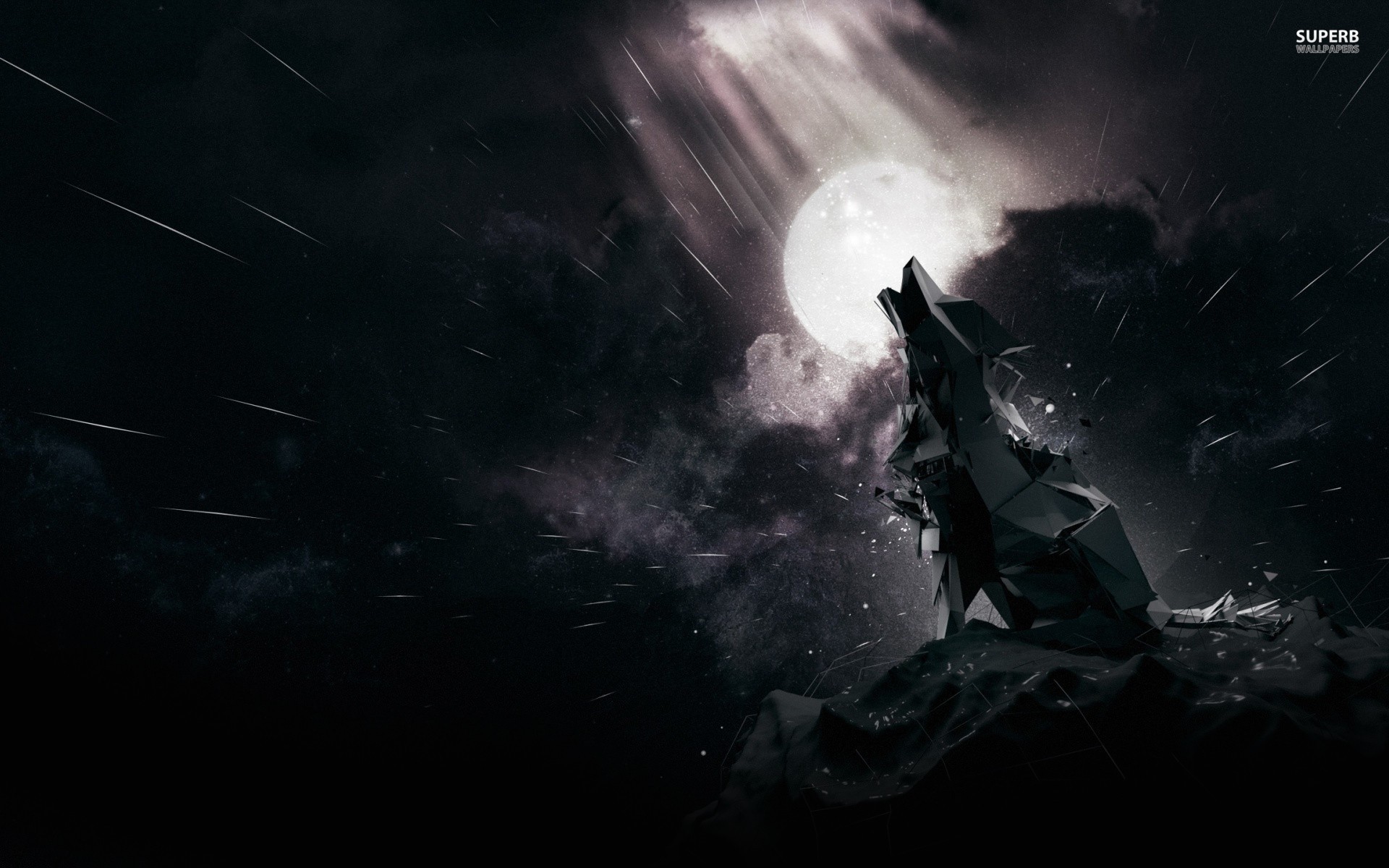 Low poly wolf howling at the moon on mountains HD Wallpaper