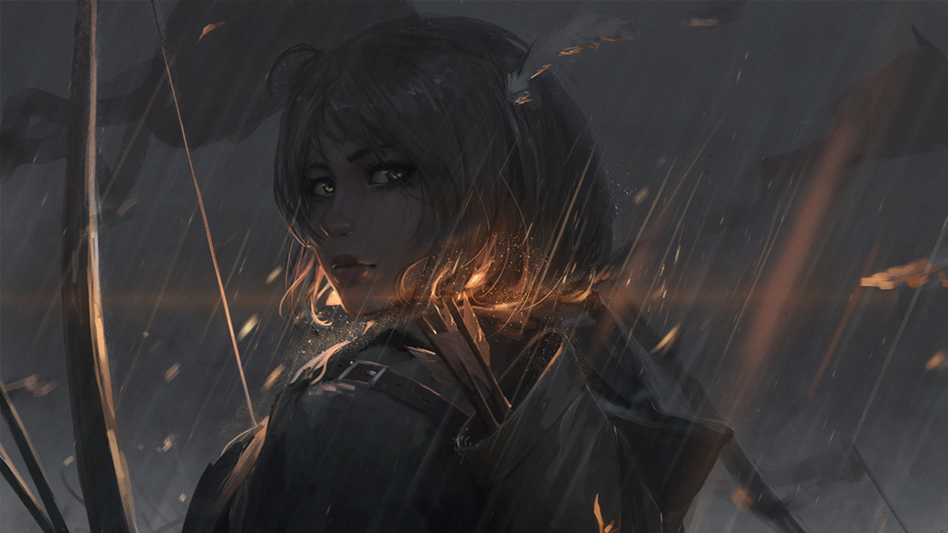 Fantasy warrior with bow and arrow in rain HD Wallpaper