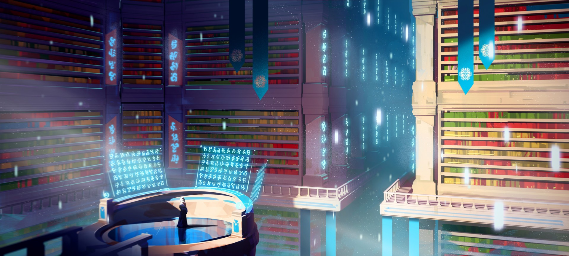 Duelyst digital art of a library with glowing symbols HD Wallpaper