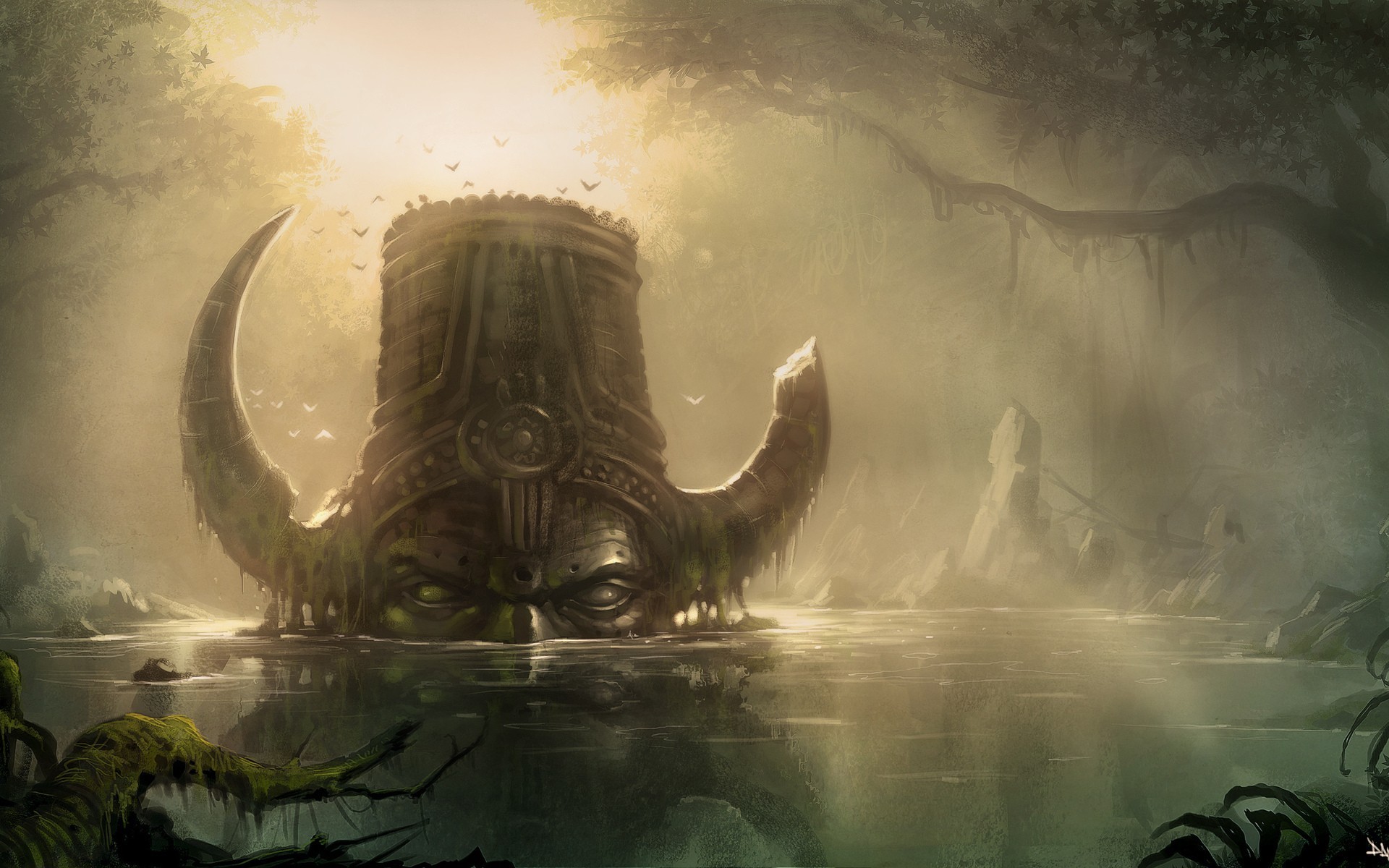 Giant stone head with horns emerging from a swamp HD Wallpaper