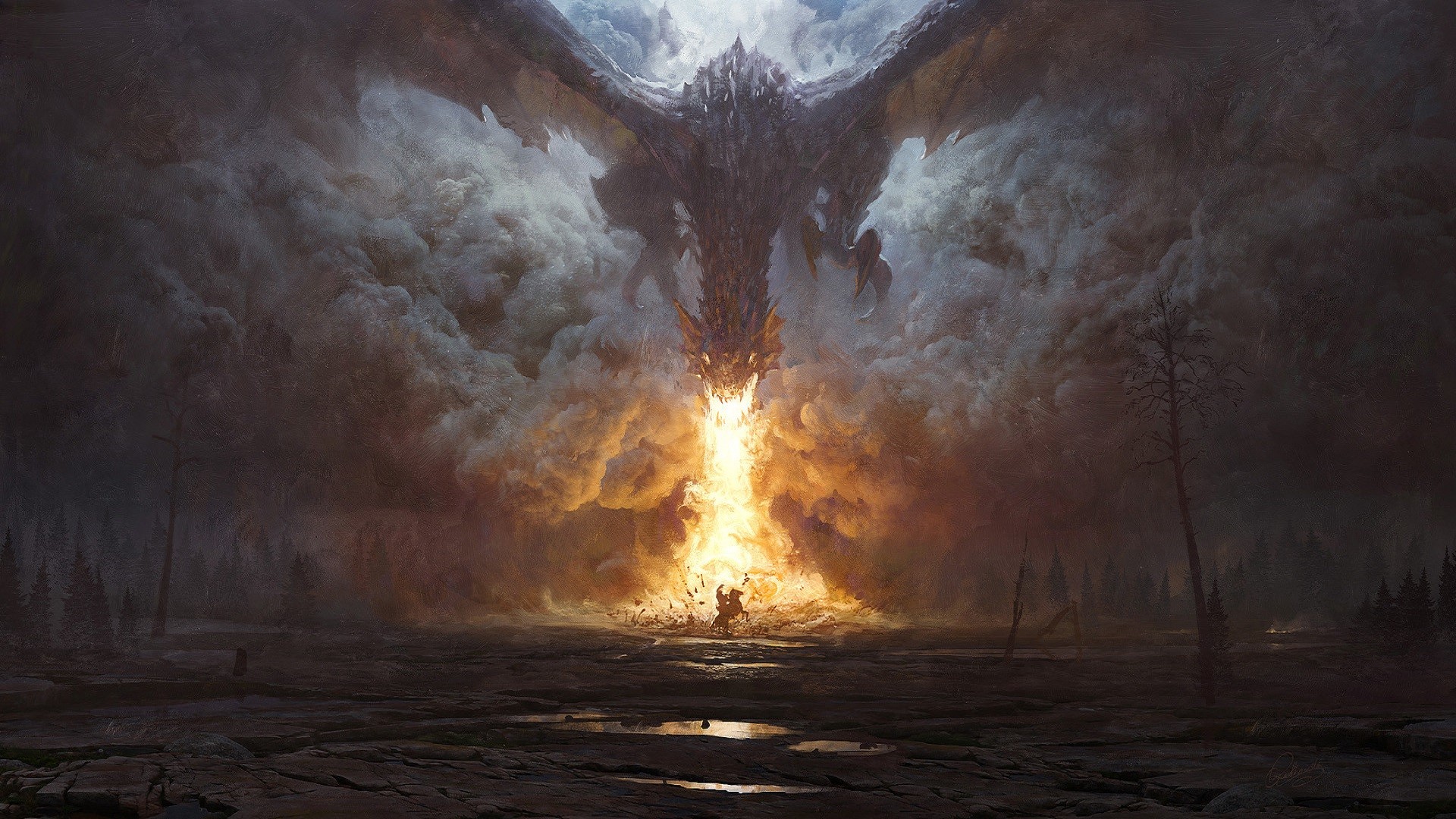 Dragon breathing fire on a knight in a forest HD Wallpaper
