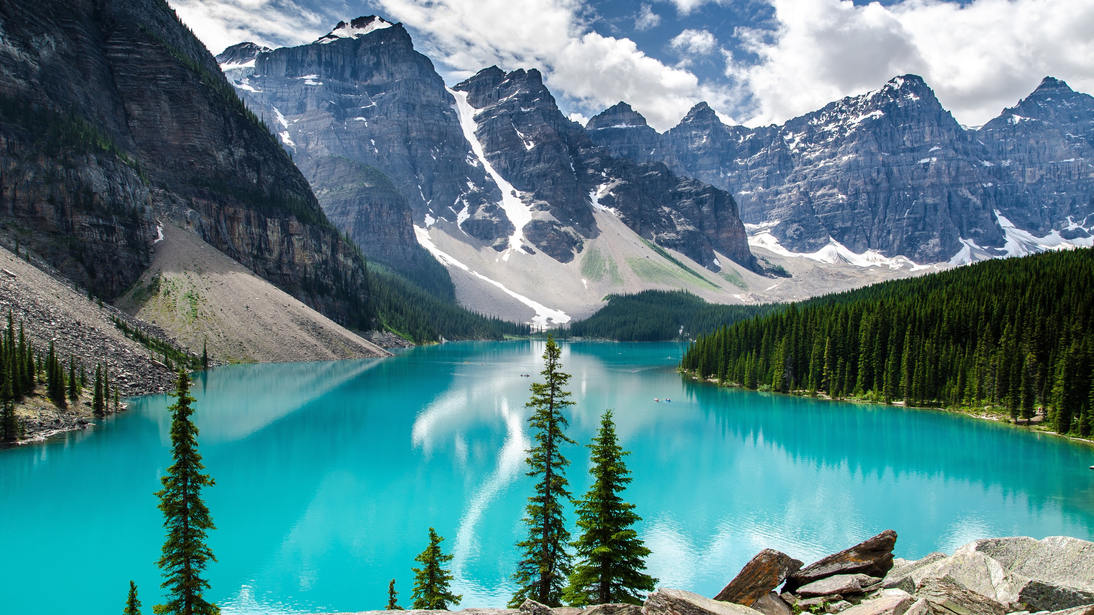 Moraine Lake with Mountains and Pine Trees HD Wallpaper