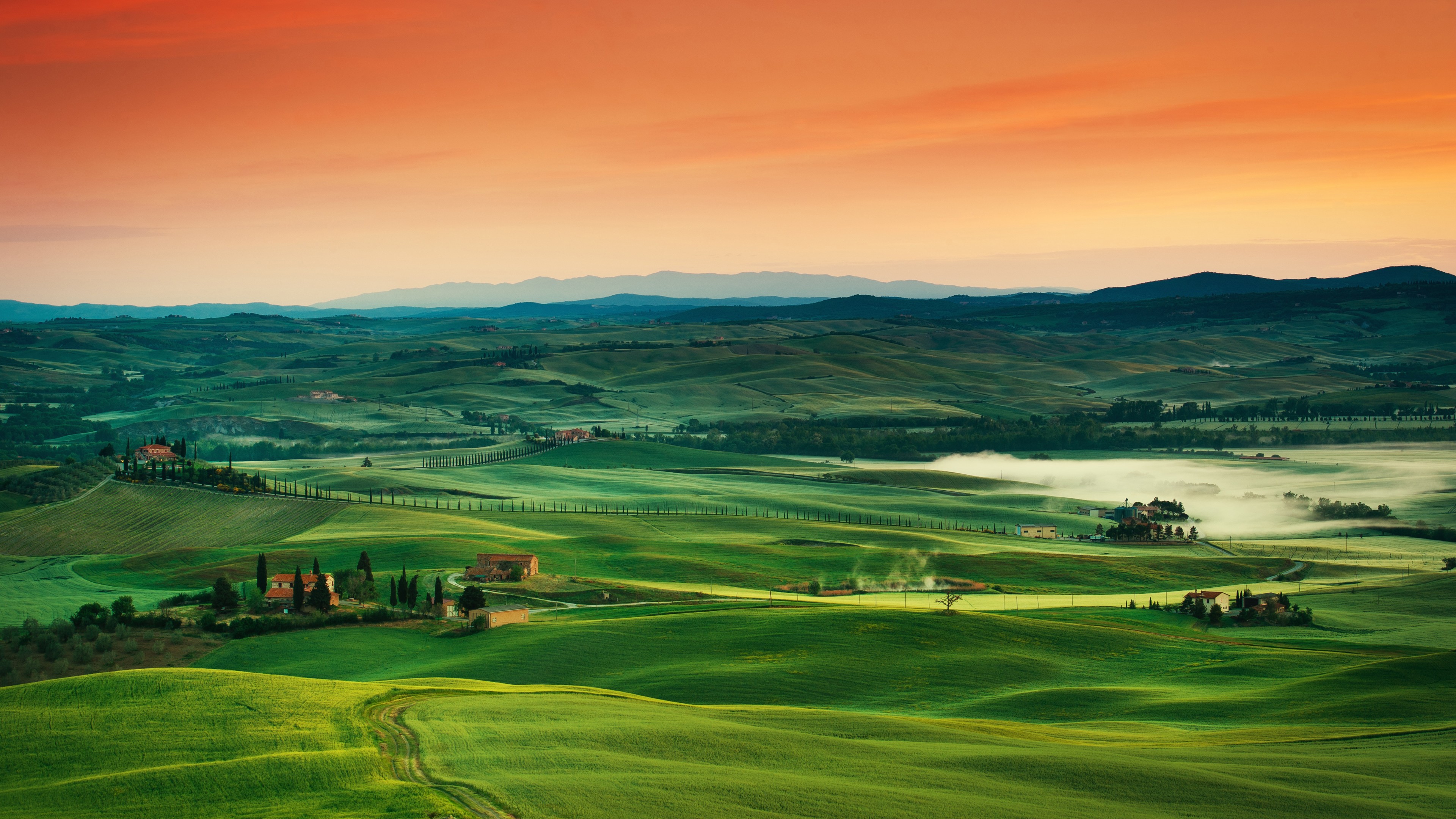 Rolling green hills of Tuscany at sunrise HD Wallpaper