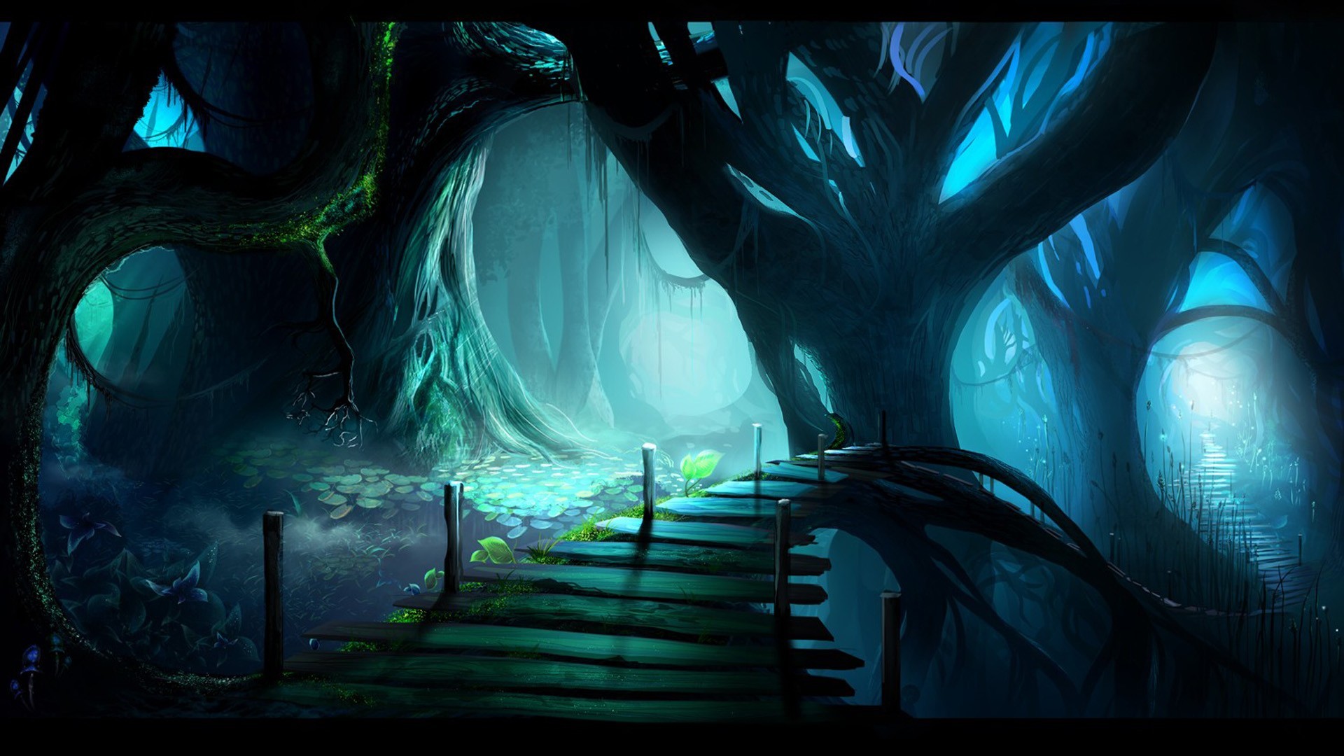 Mysterious glowing forest with a wooden bridge HD Wallpaper