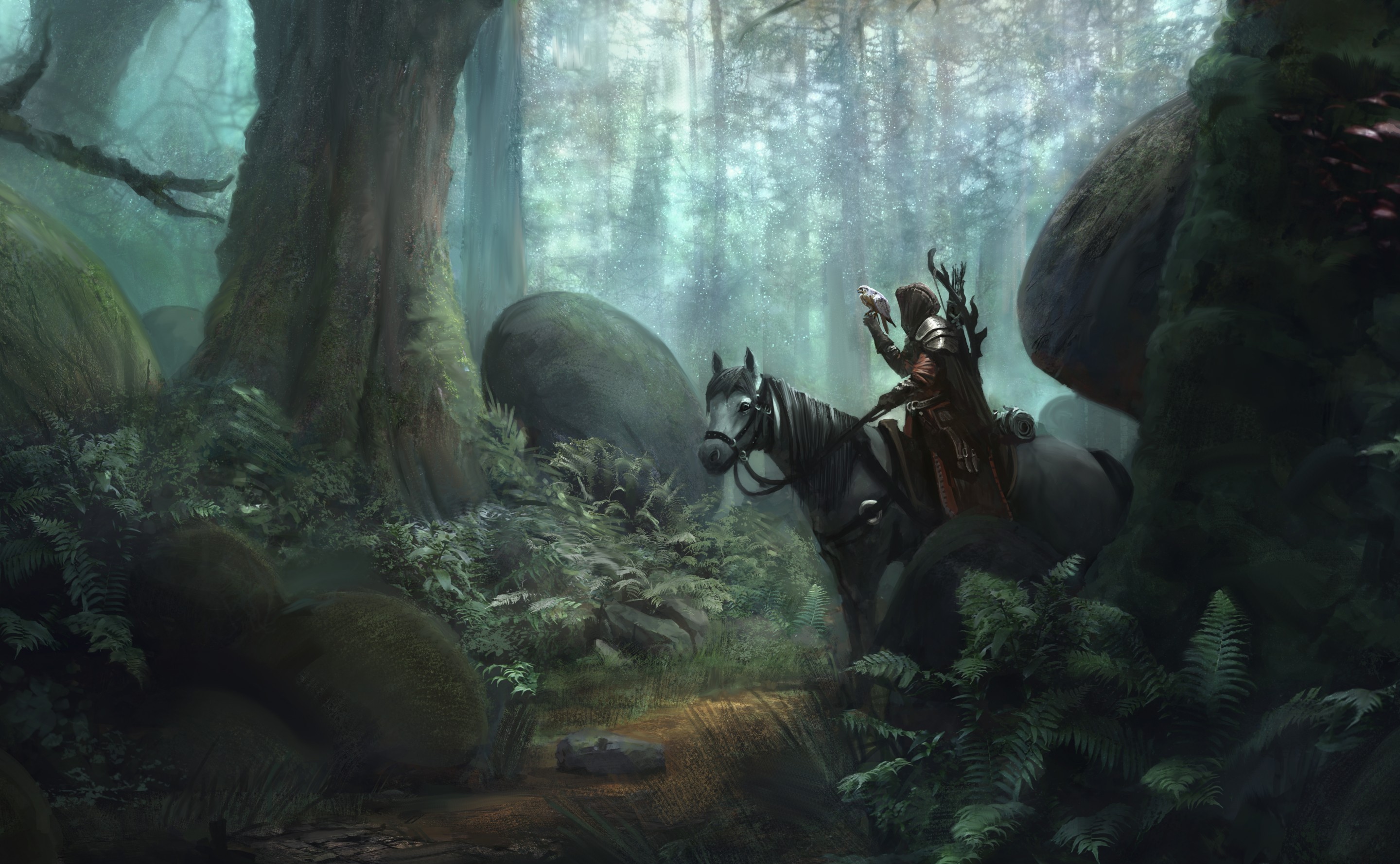 Fantasy art of a person on horseback in a forest HD Wallpaper