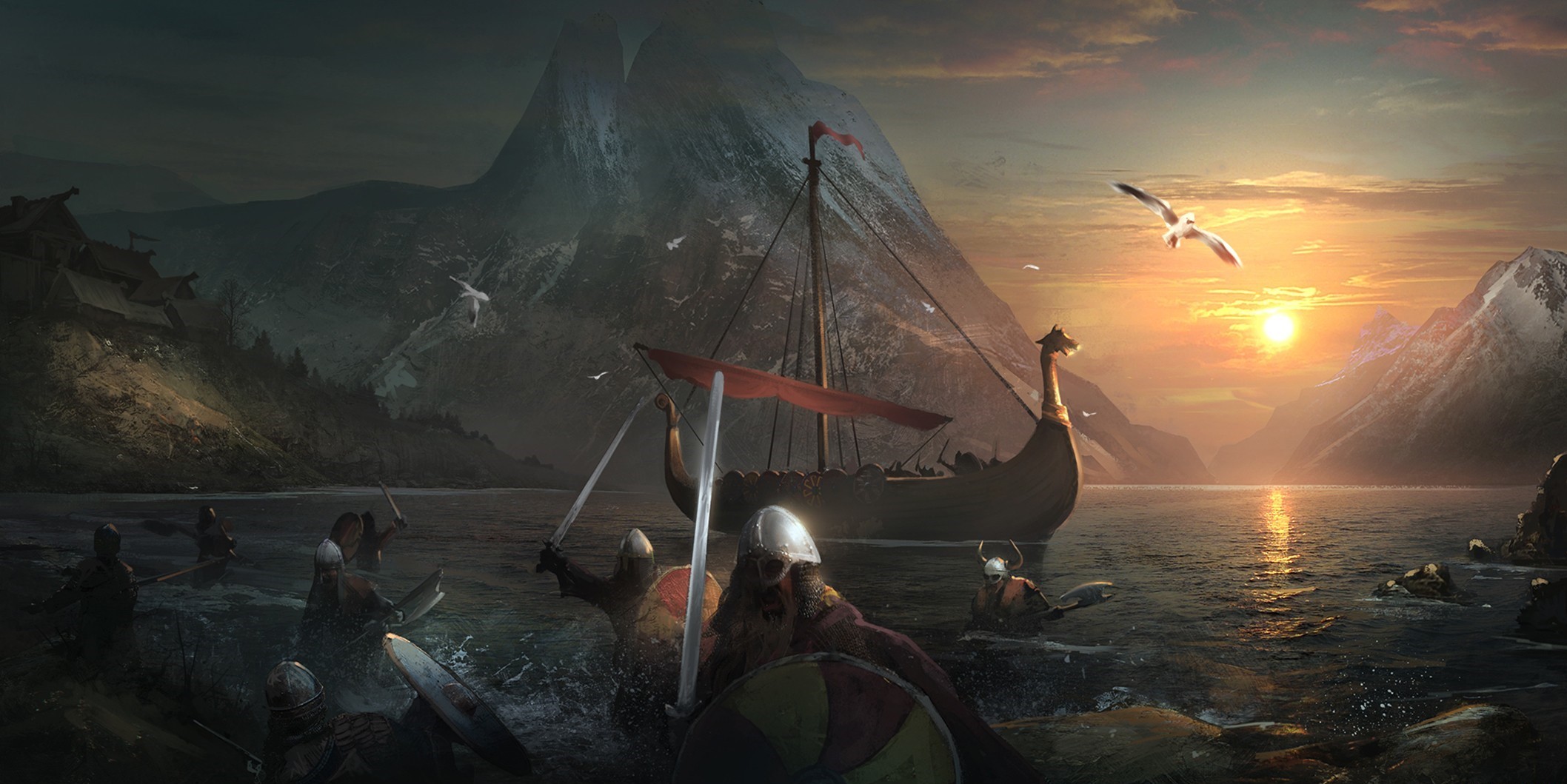 Vikings attacking a village from a longship at sunset HD Wallpaper