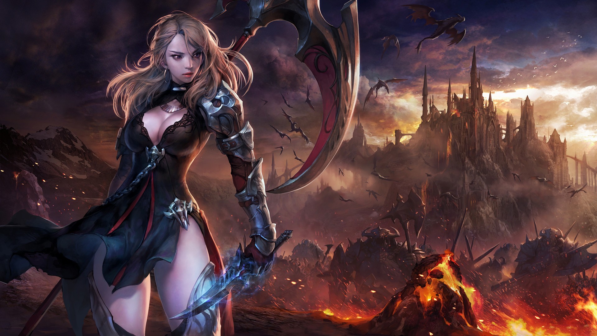 Warrior woman with scythe in a hellish landscape HD Wallpaper