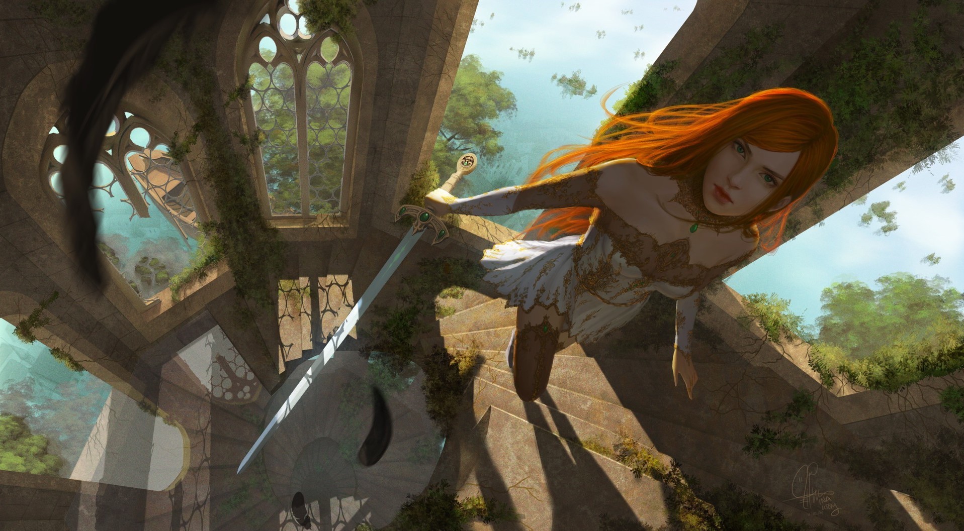 Fantasy art of a woman with red hair holding a sword HD Wallpaper