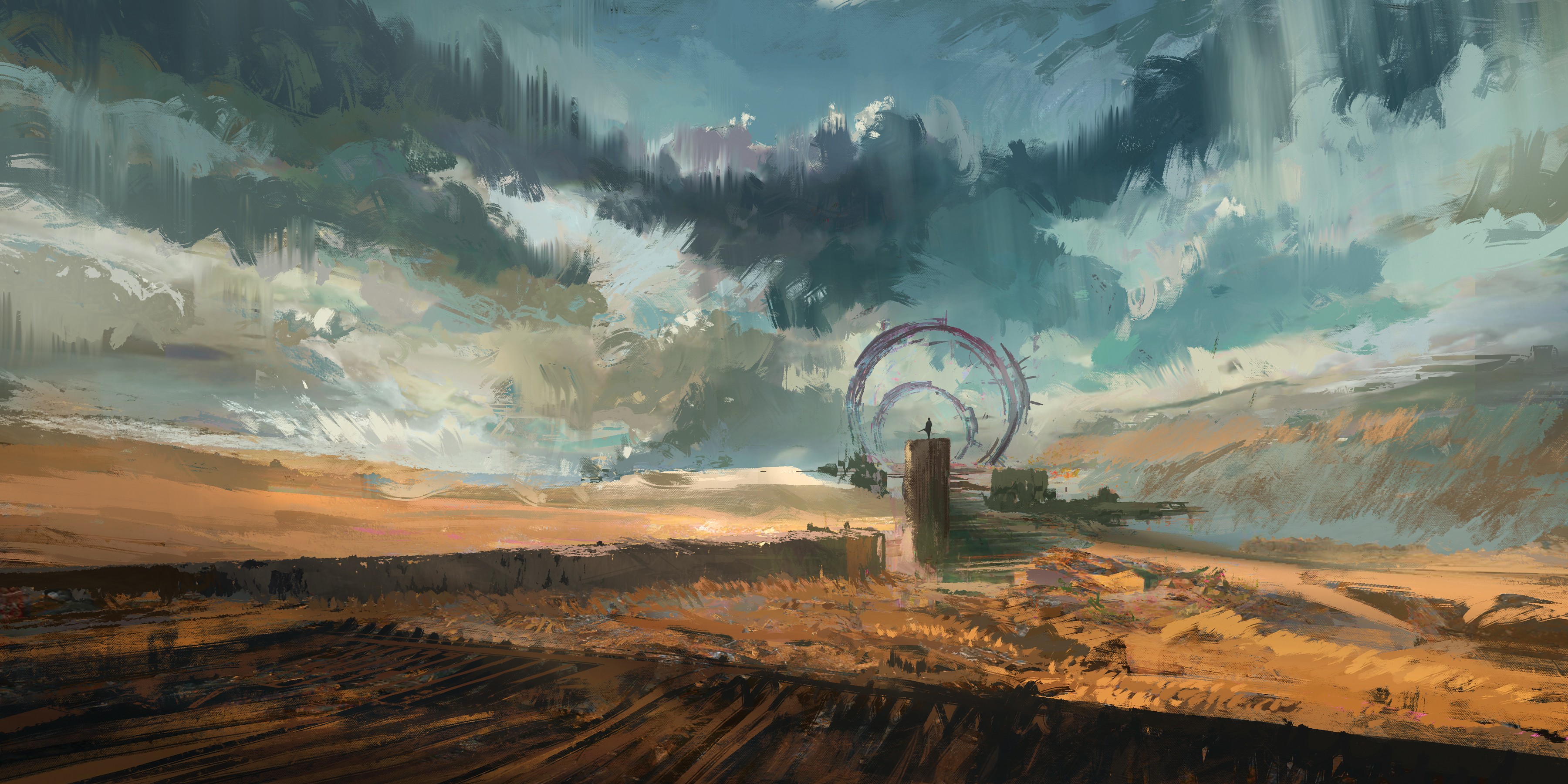 Painting of a desolate landscape with a circular structure HD Wallpaper