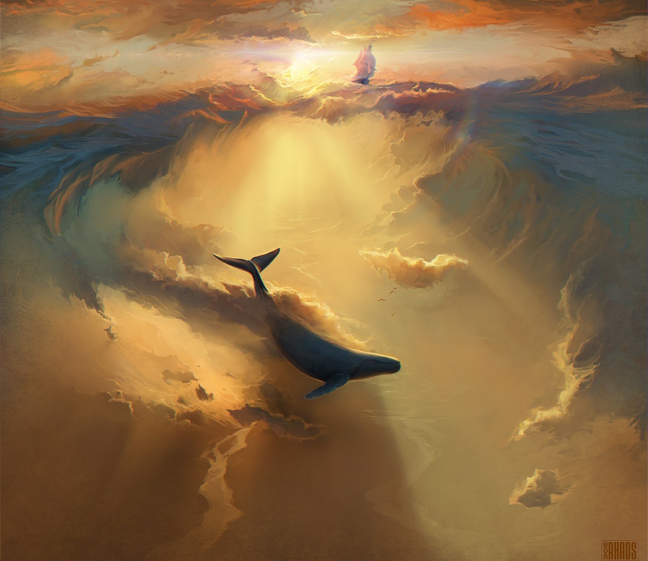 Whale and ship in a surreal sky HD Wallpaper
