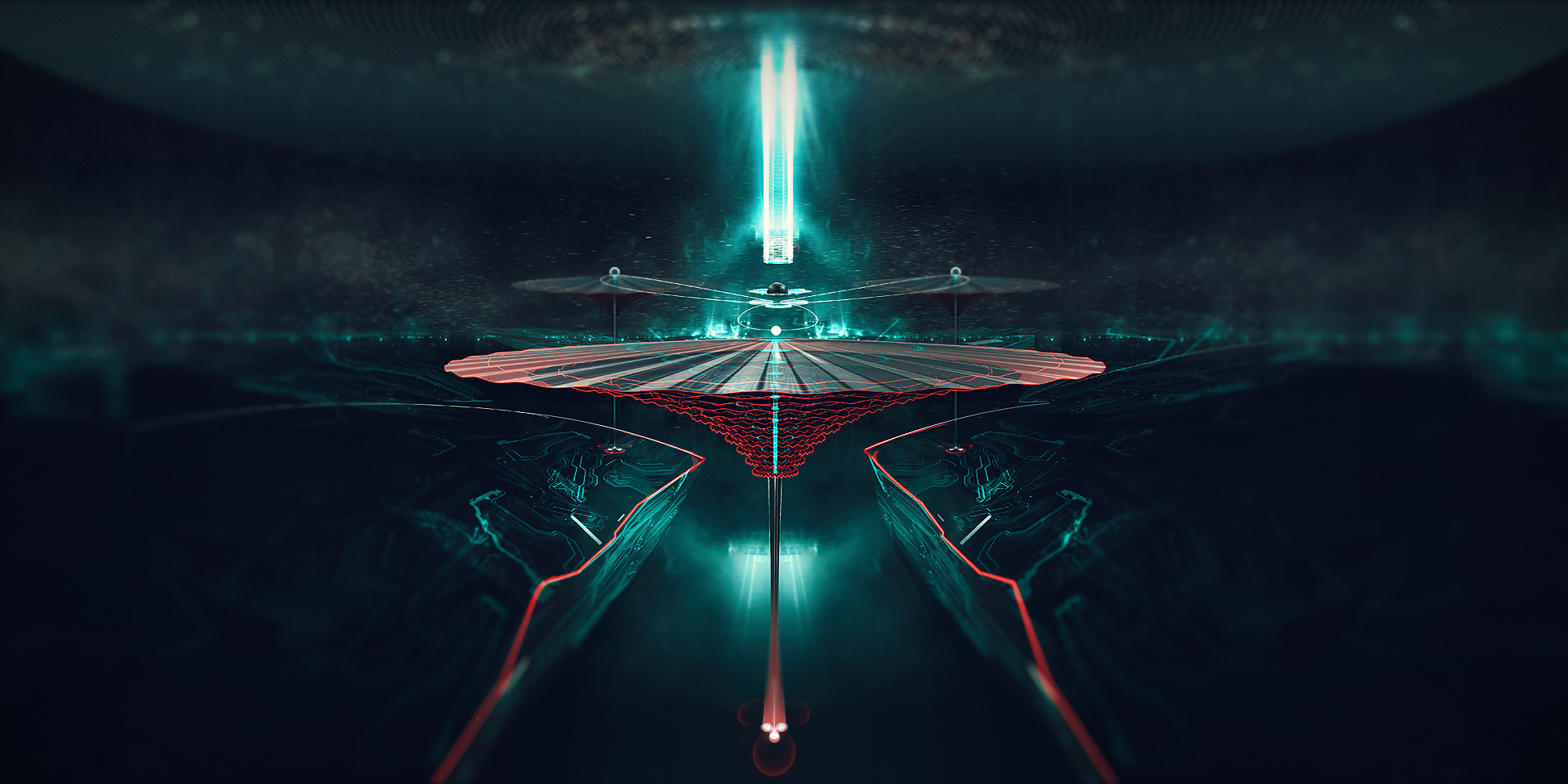 Digital art of a futuristic portal with blue and red lights HD Wallpaper