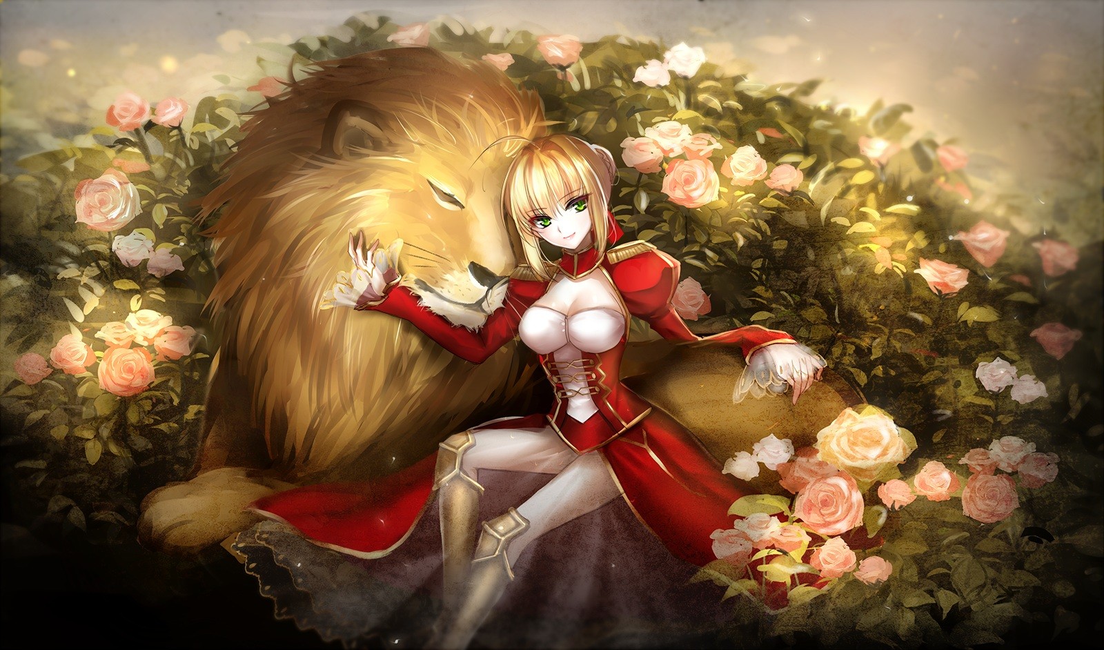 Saber and a lion surrounded by roses HD Wallpaper