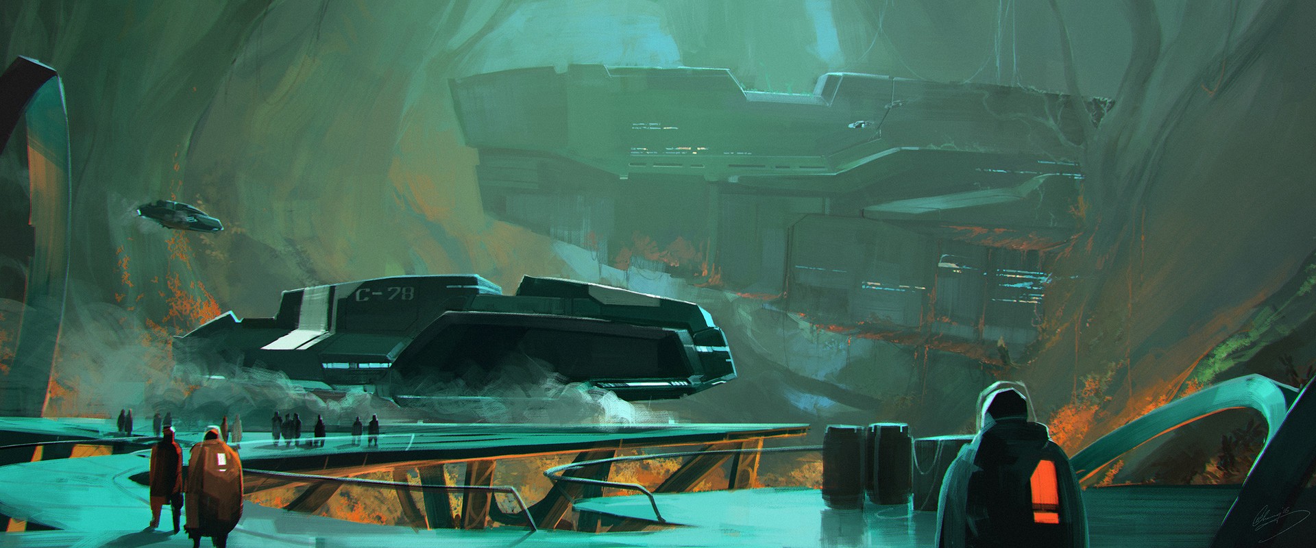 Science fiction artwork of a futuristic docking bay HD Wallpaper