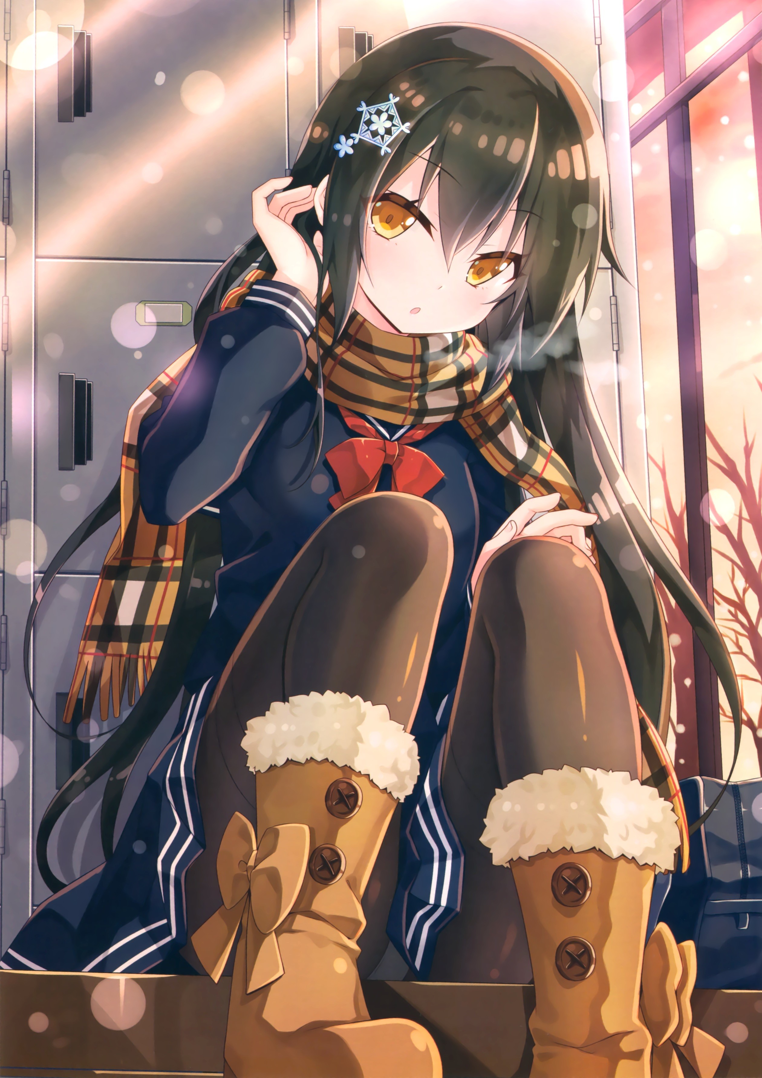 Anime girl in school uniform with scarf and boots HD Wallpaper