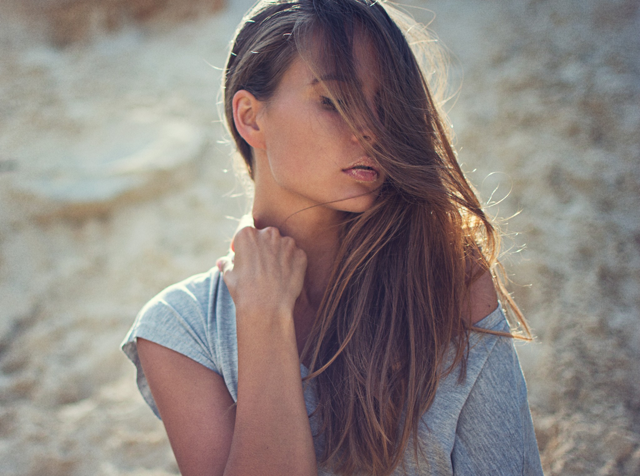 Woman with hair in face HD Wallpaper