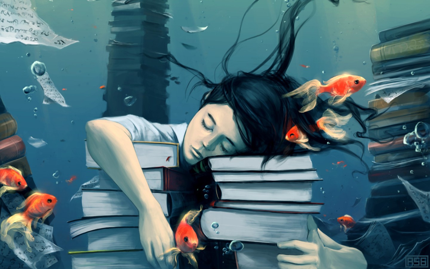 original characters, drawing, books, fantasy art, psychedelic, underwater, fish, artwork, closed eyes, paper, AquaSixio, goldfish, fantasy girl, bubbles HD Wallpaper