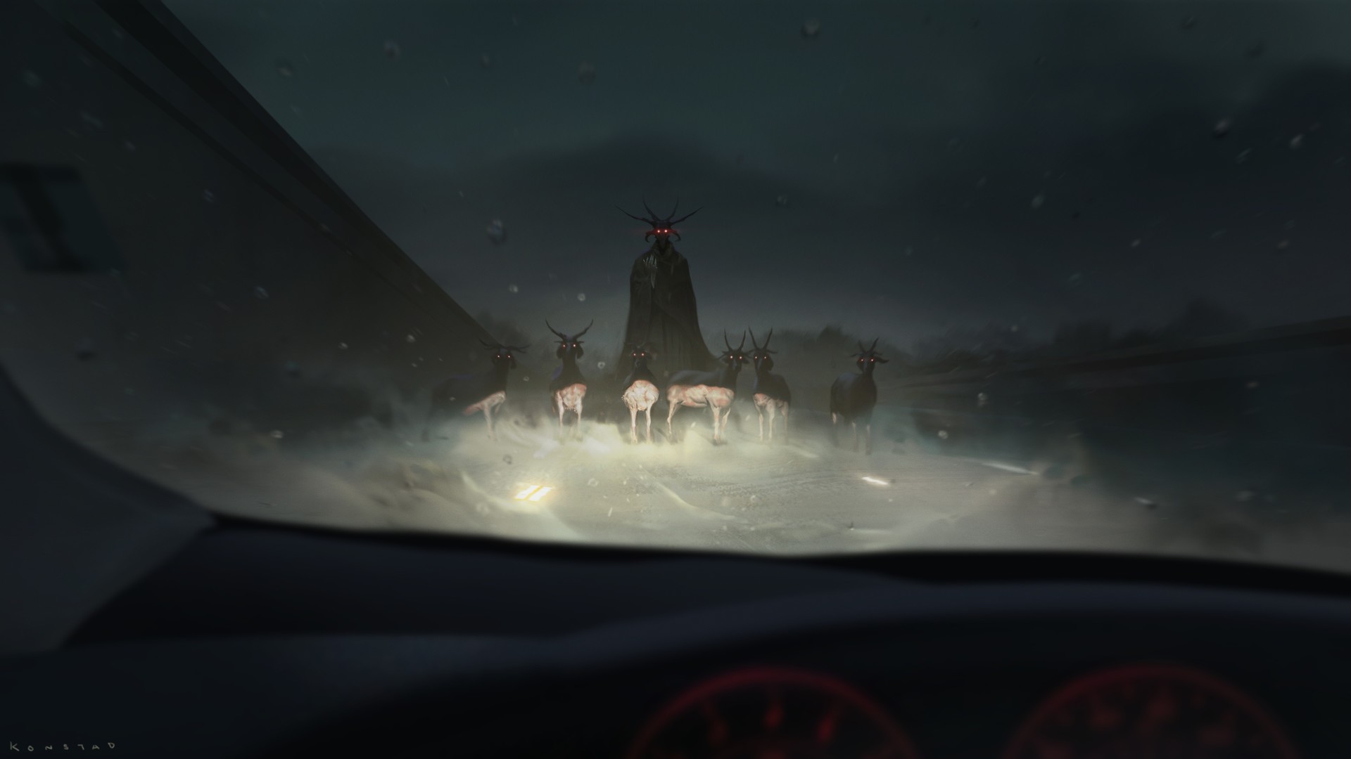 Demon with goats on a rainy road HD Wallpaper