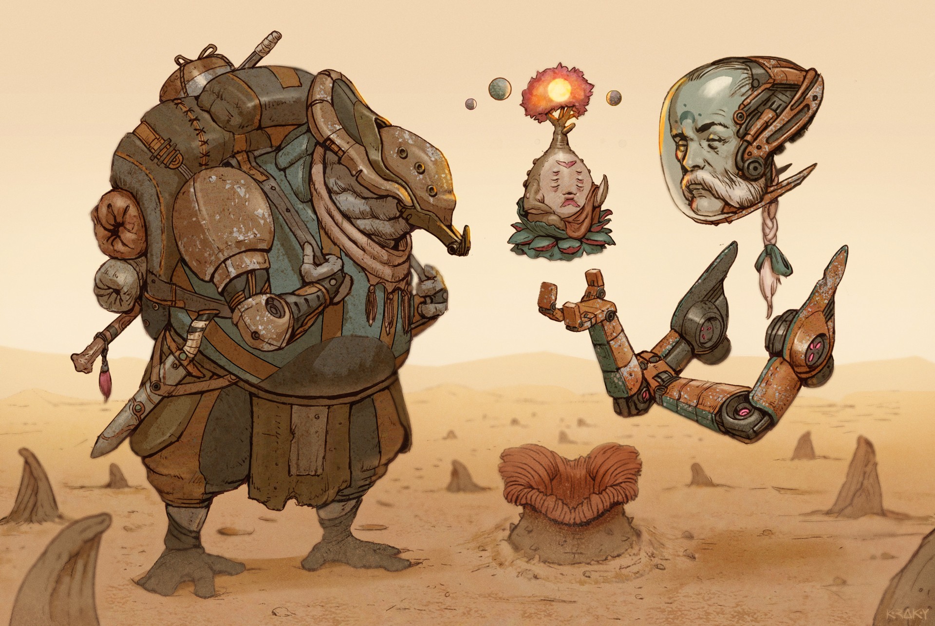 Vintage science fiction artwork of alien characters HD Wallpaper