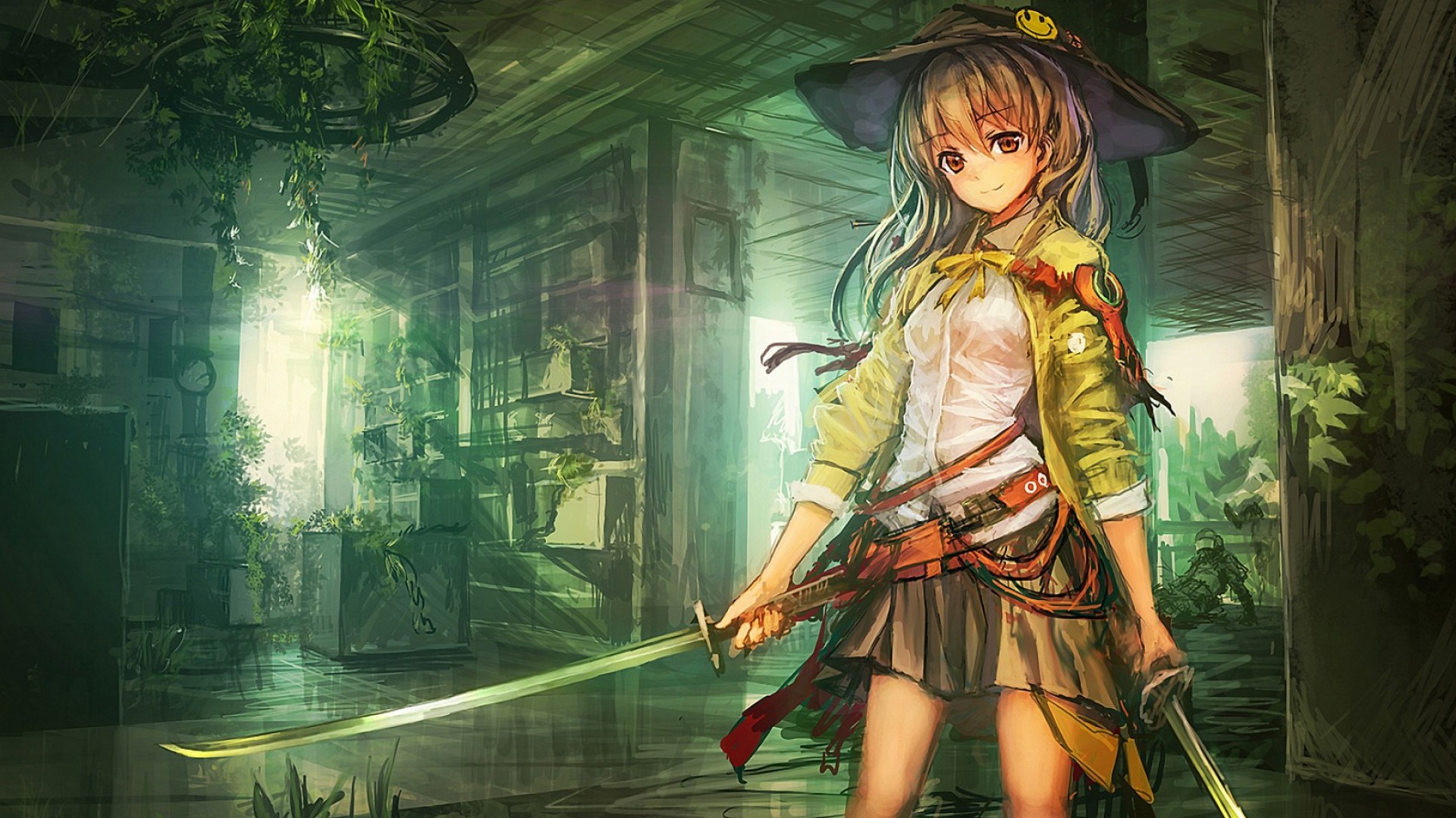 Anime girl with katana in overgrown ruins HD Wallpaper