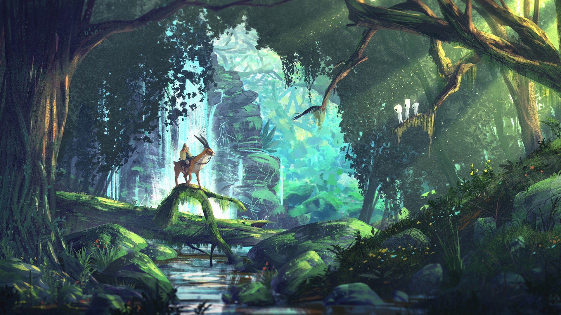 Ashitaka riding an elk in a forest with Kodama HD Wallpaper