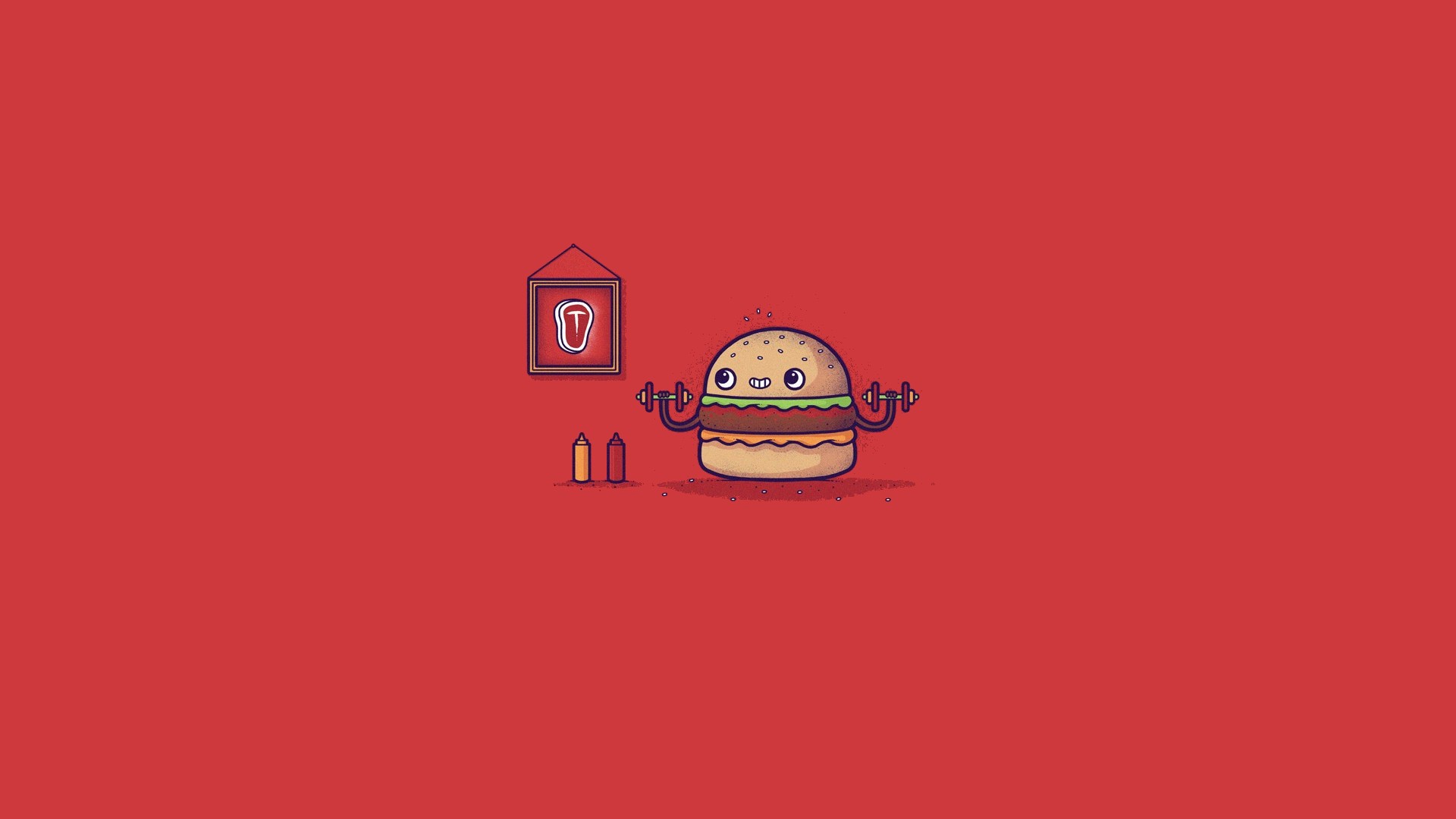Cartoon hamburger lifting weights with ketchup and mustard HD Wallpaper