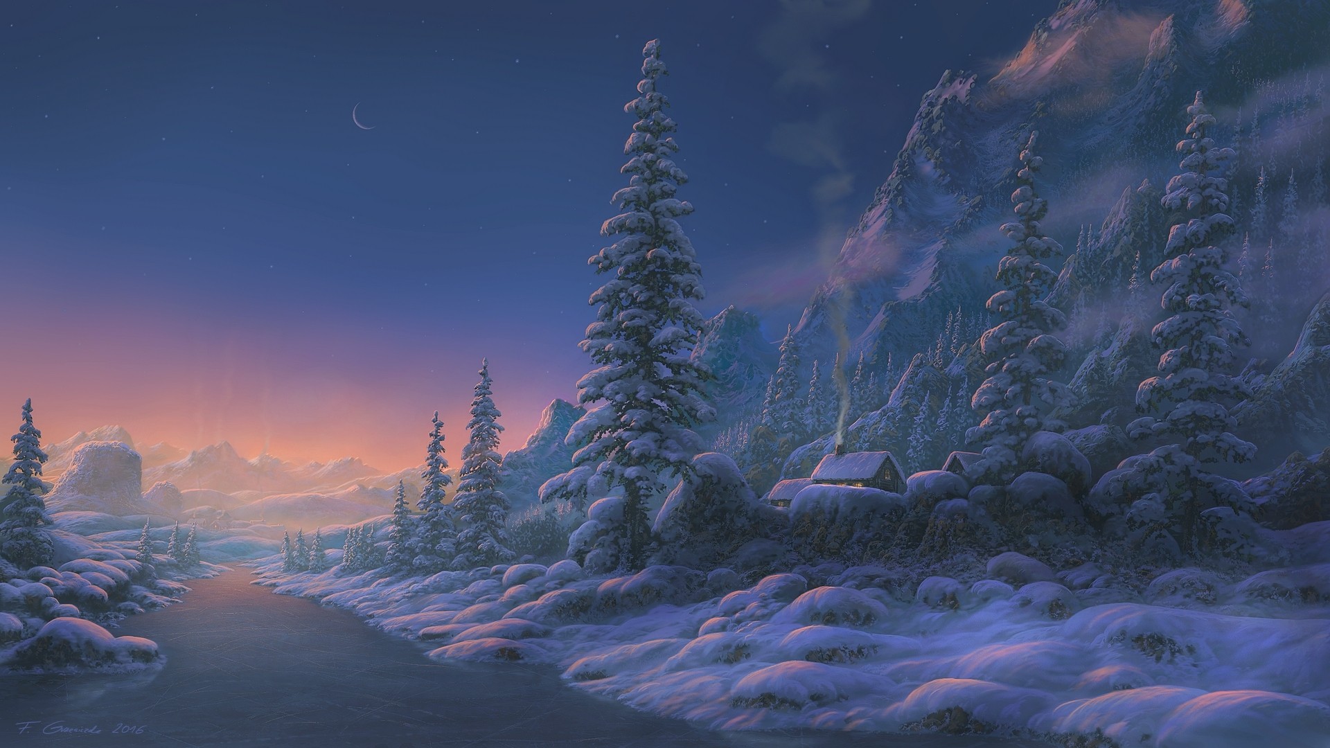 Fantasy art of a snowy mountain landscape at dusk HD Wallpaper