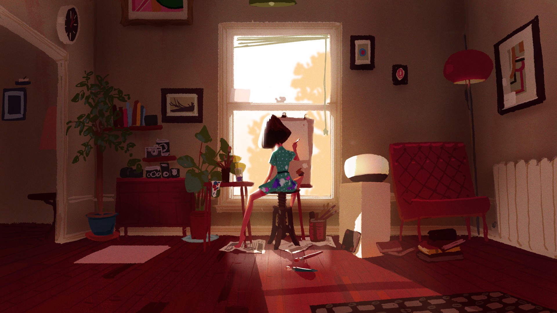 Artist painting in a sunlit room with plants and artwork HD Wallpaper