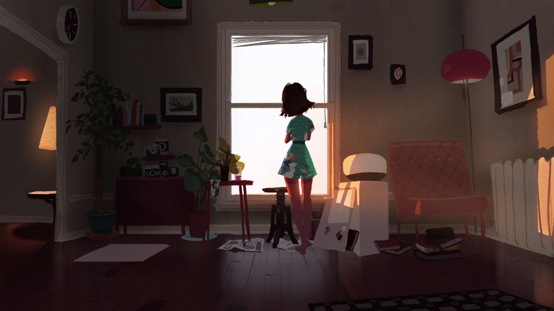 Girl looking out a window in a dimly lit room HD Wallpaper