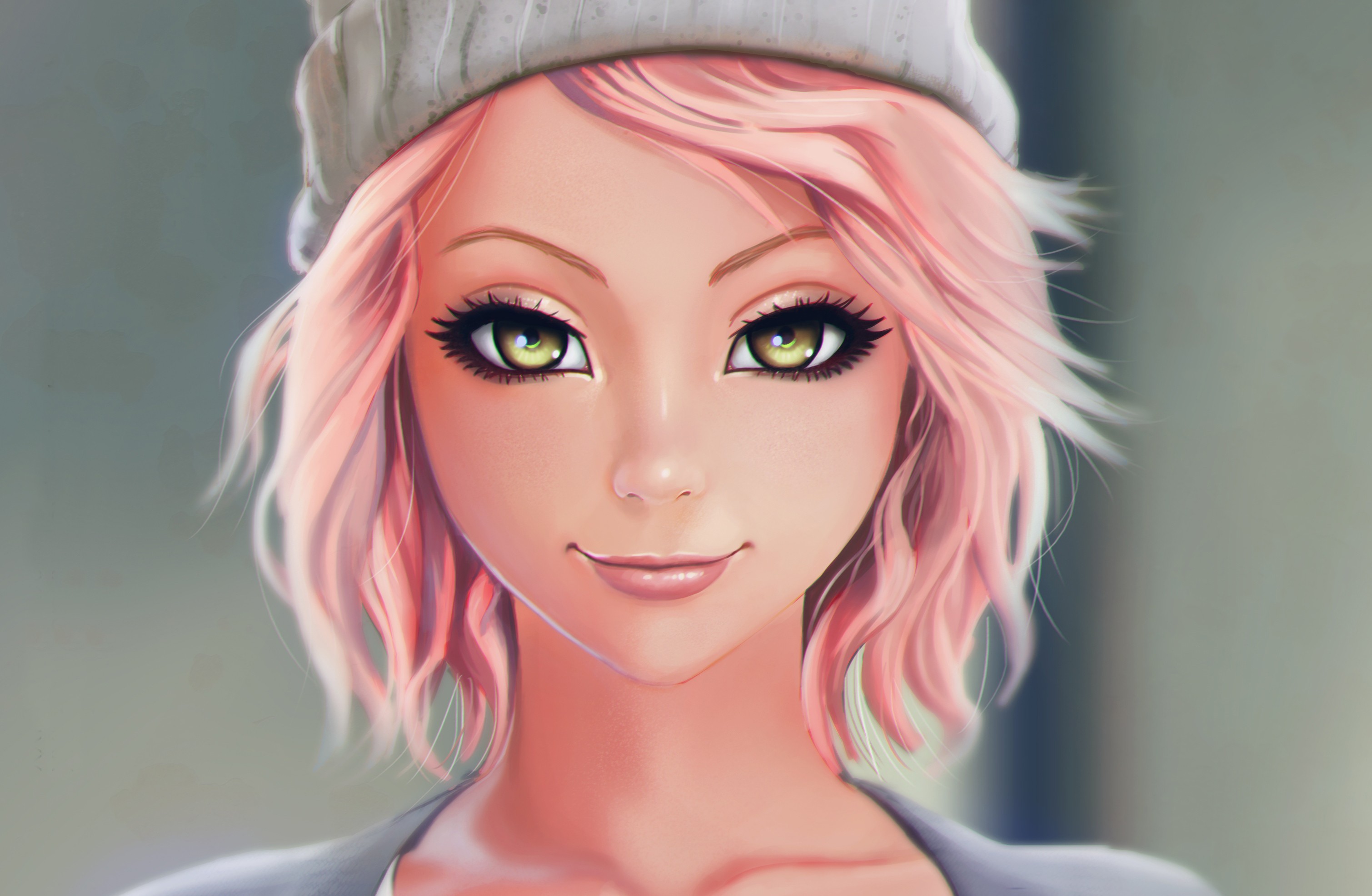Artwork of a woman with pink hair and green eyes HD Wallpaper