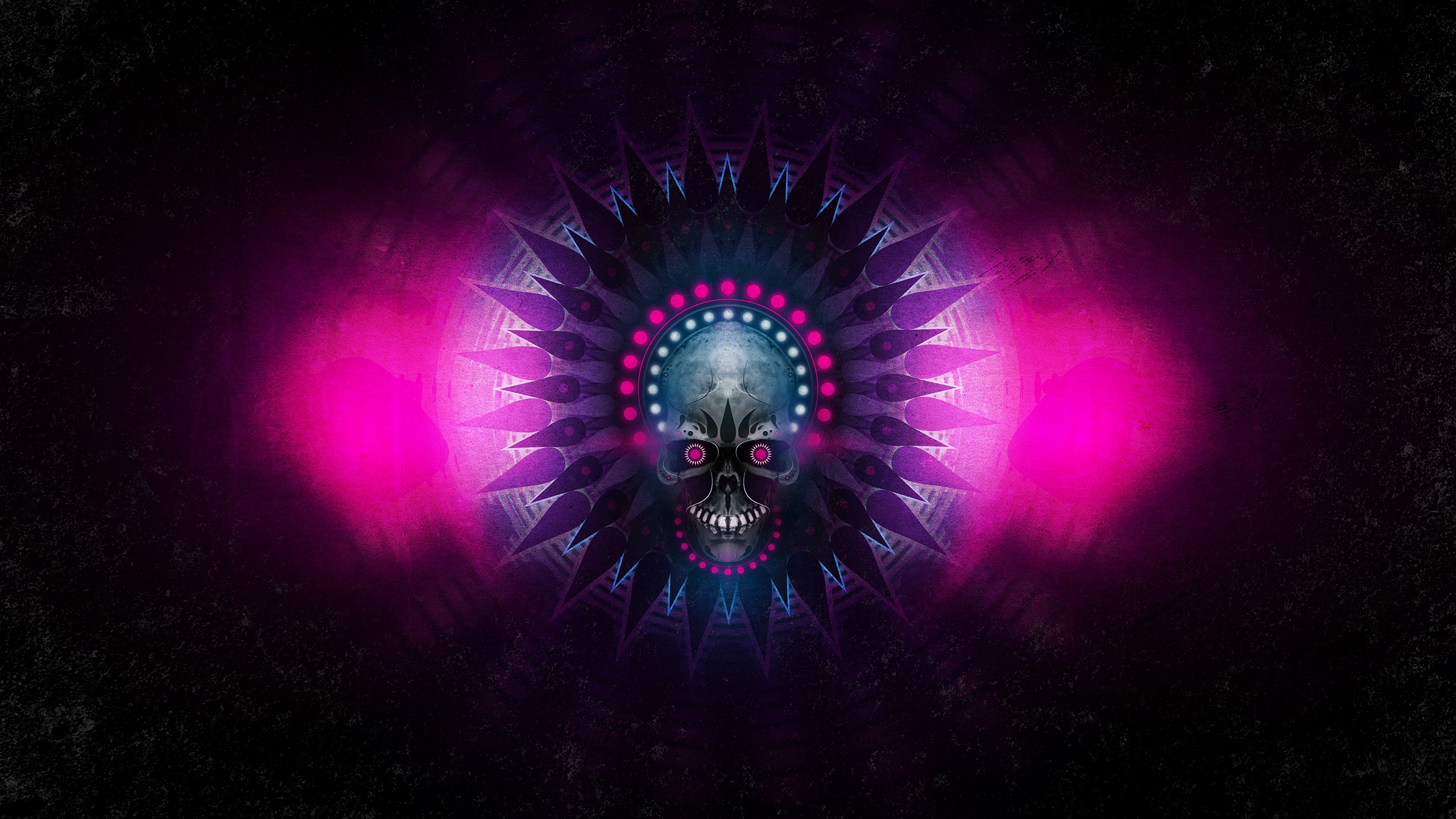 Symmetrical digital artwork of a skull with pink lights HD Wallpaper