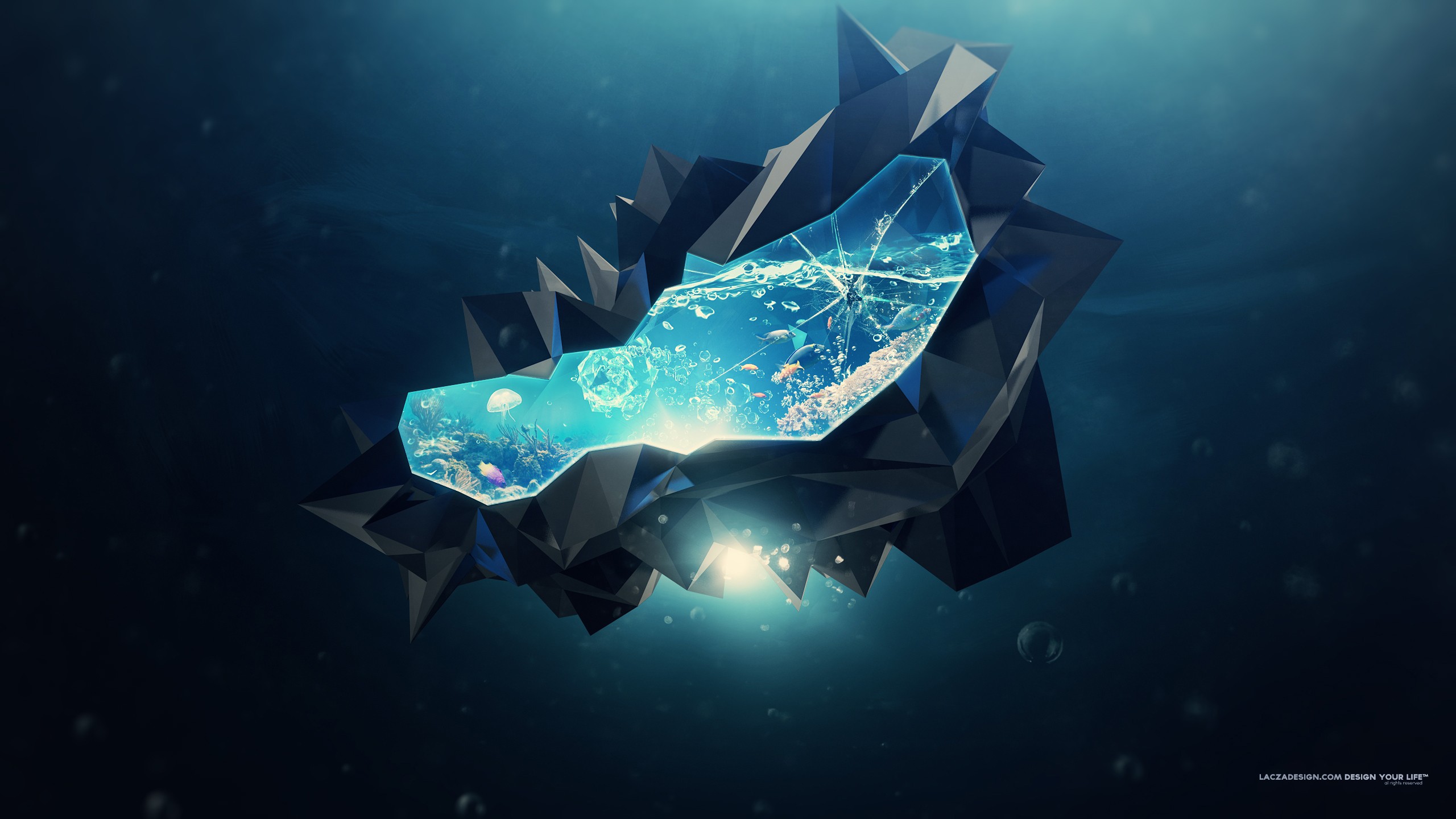 Abstract underwater crystal with jellyfish and fish HD Wallpaper