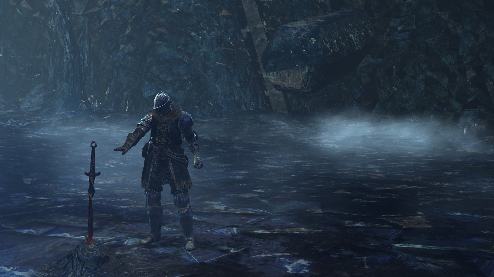 Dark Souls Knight with Sword in Misty Cave HD Wallpaper