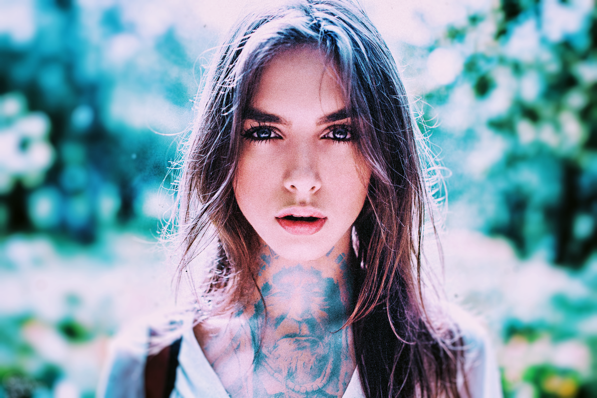 Woman with tattoos on her neck and chest HD Wallpaper