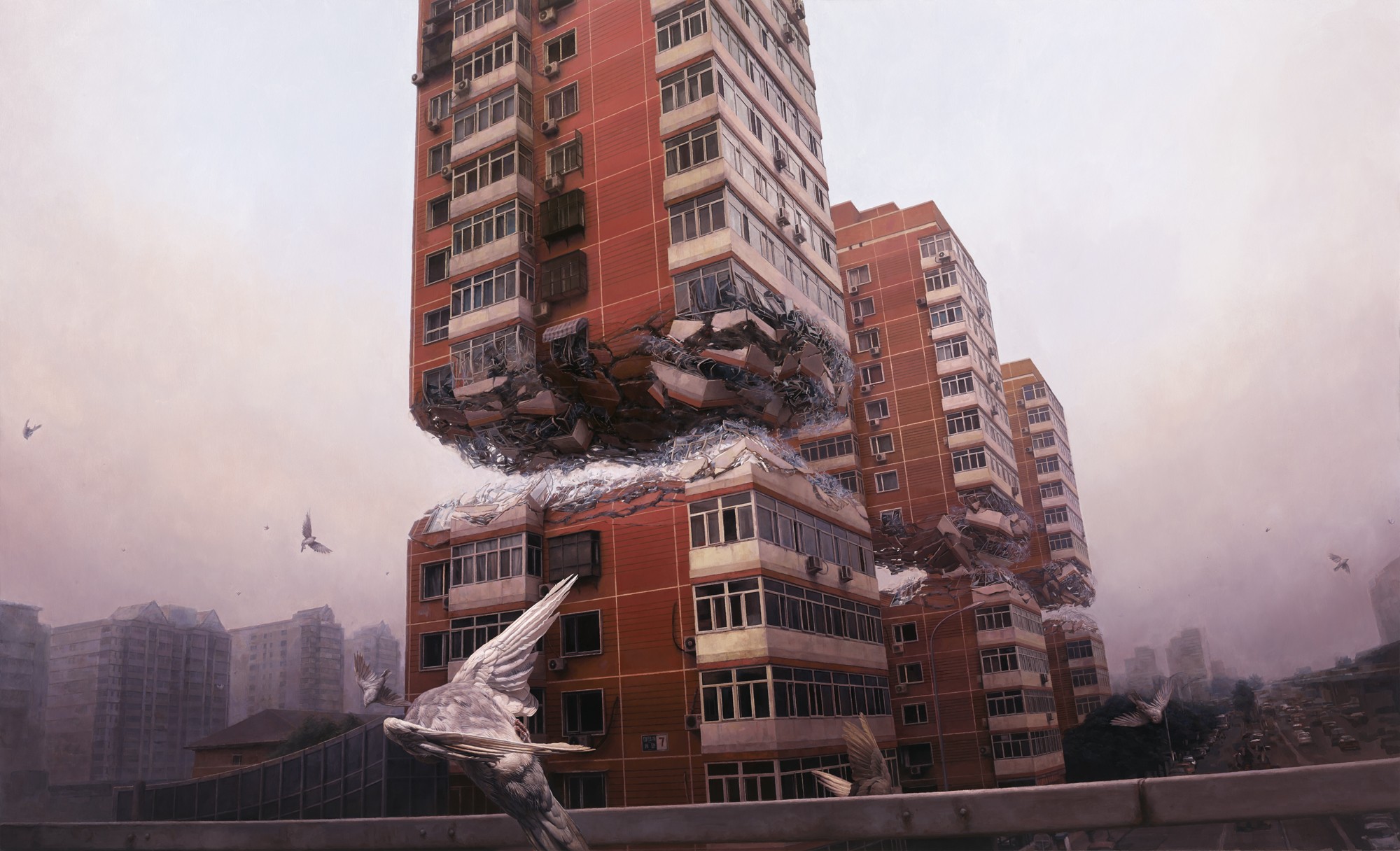 Surreal artwork of damaged buildings and flying birds HD Wallpaper