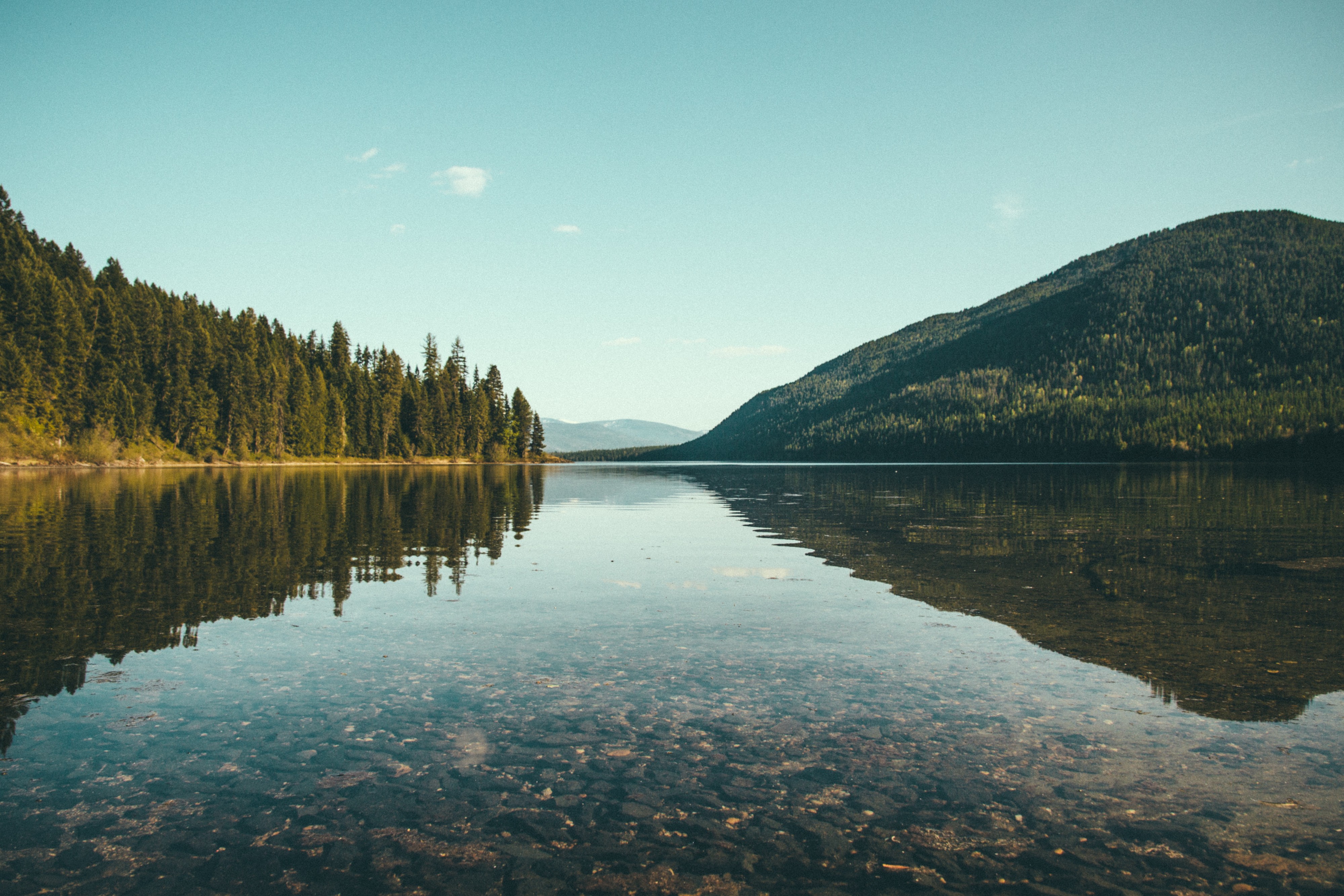 Lake and mountains with forest reflection HD Wallpaper