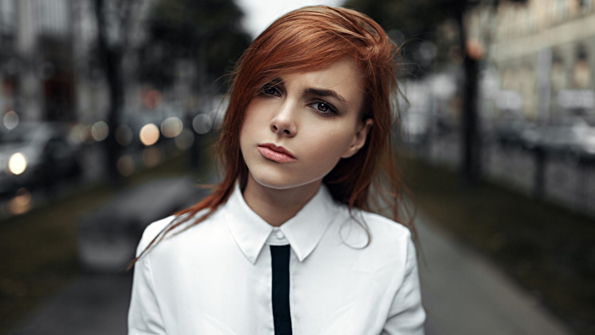 Redhead woman in white shirt looking at viewer HD Wallpaper