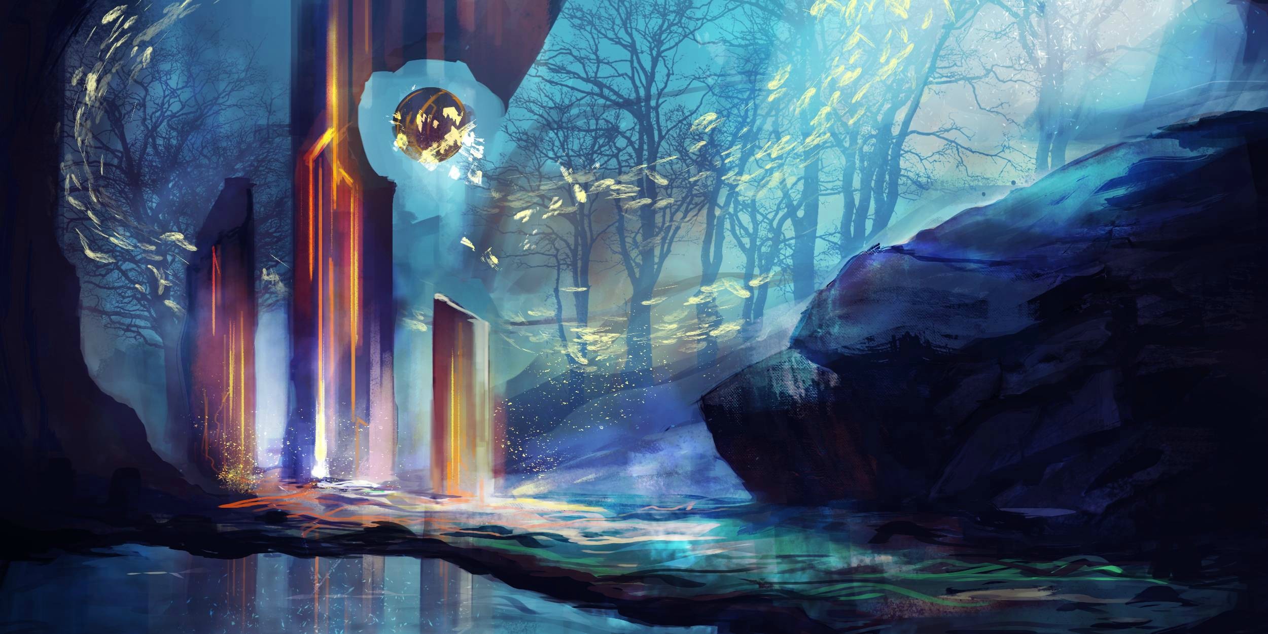 Fantasy art of a mystical forest with glowing pillars HD Wallpaper