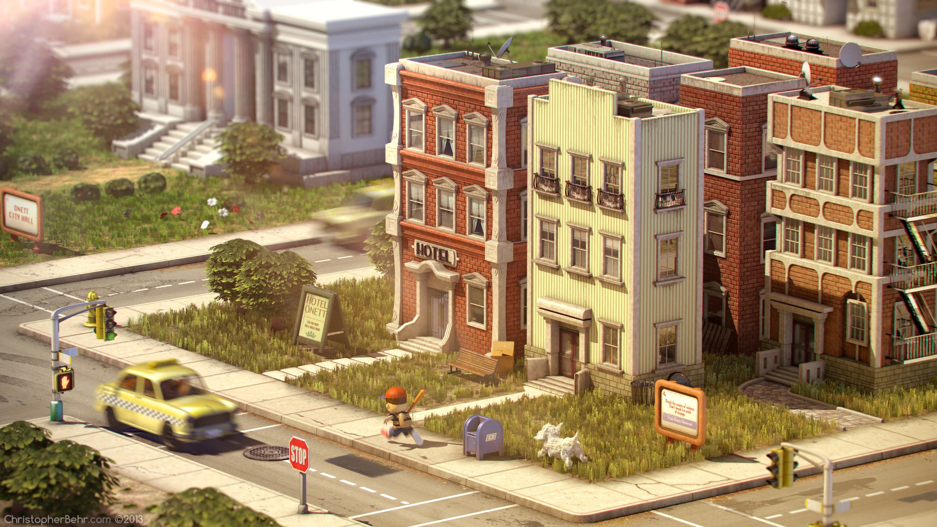 Earthbound fan art: Ness and dog in Onett town HD Wallpaper