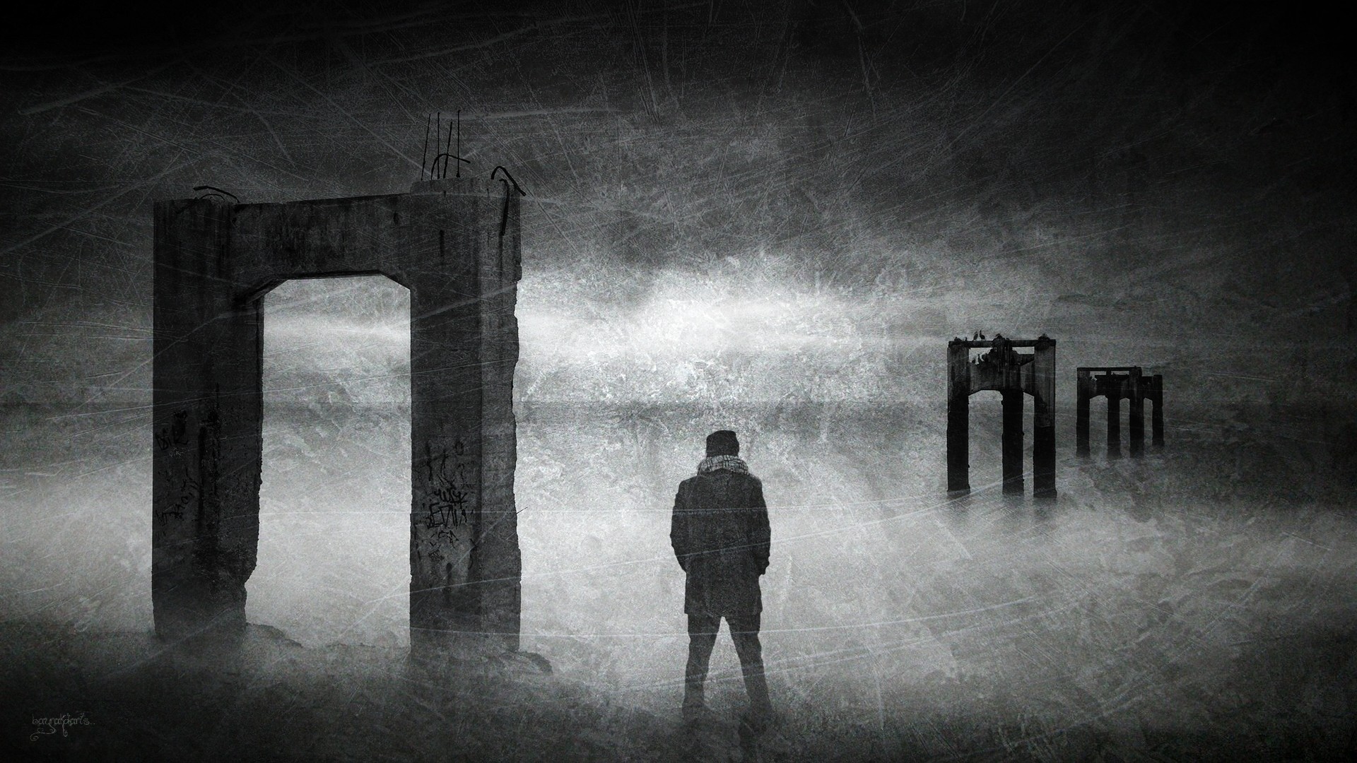 Man standing before ruined structures by the sea HD Wallpaper