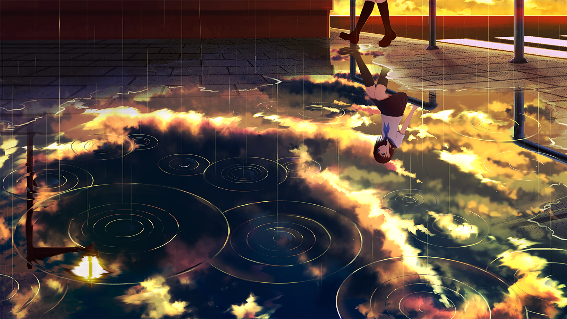 Girl in school uniform reflected in rain puddles at sunset HD Wallpaper