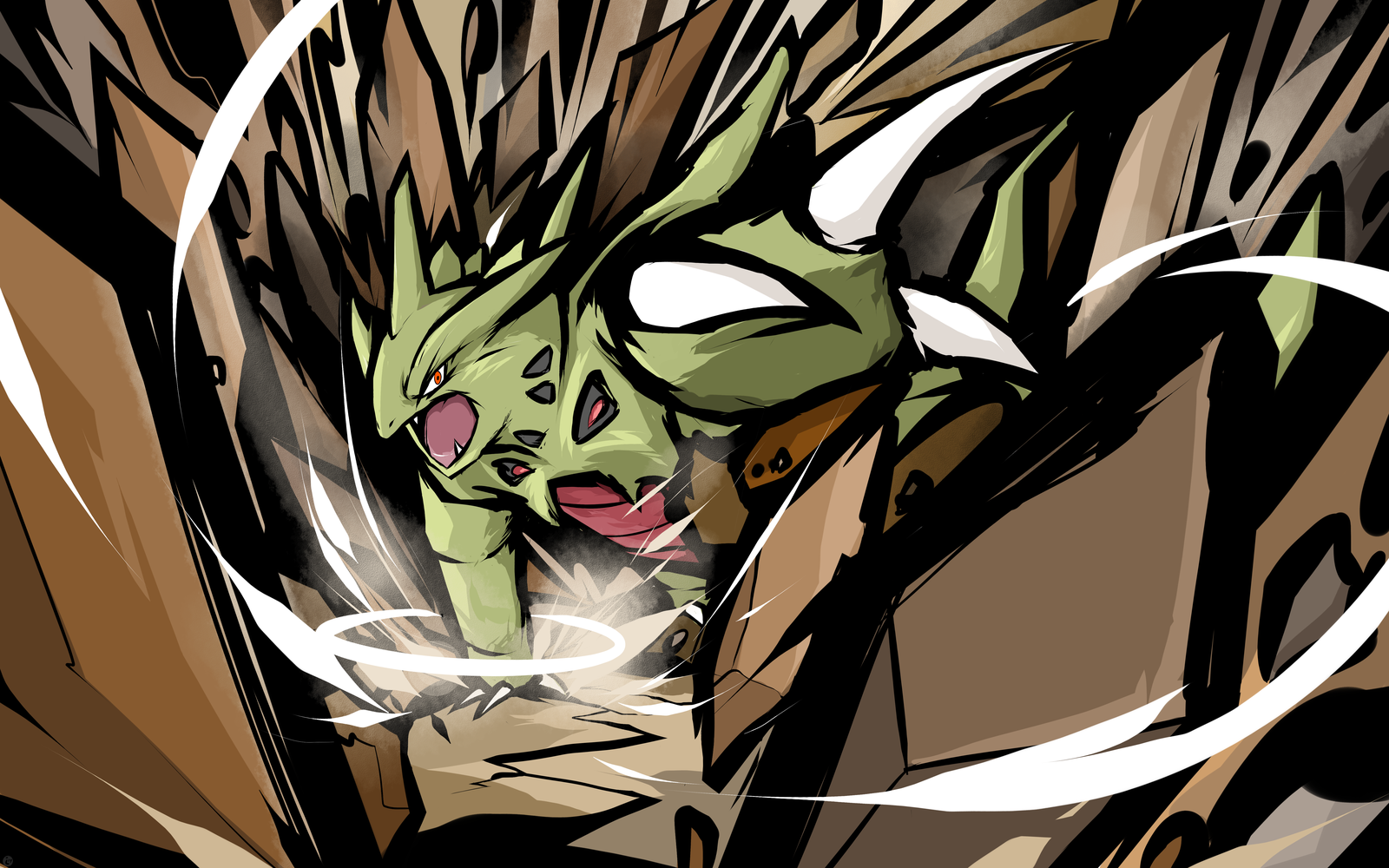 Tyranitar emerging from rocky terrain HD Wallpaper