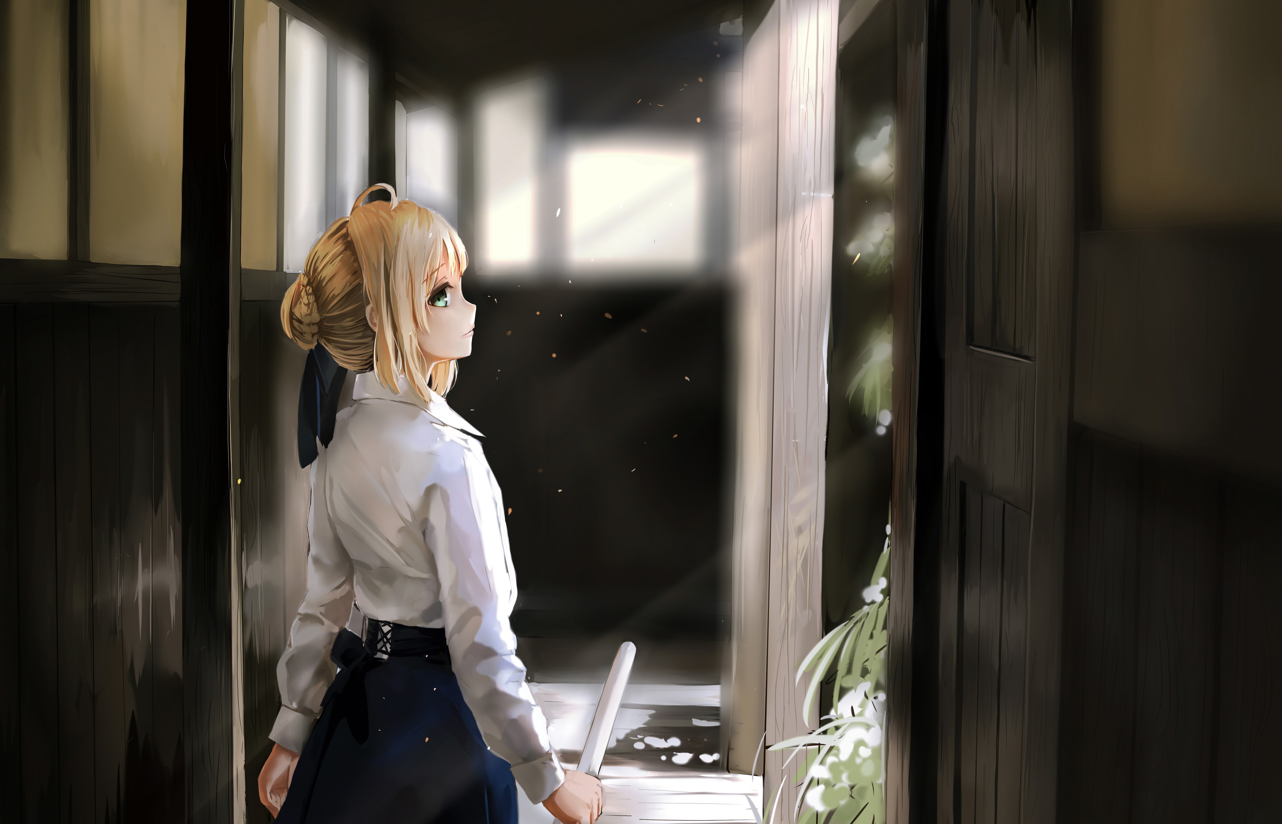 Saber from Fate Series standing by a doorway HD Wallpaper