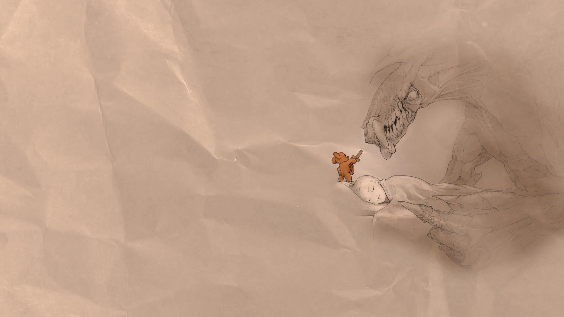 Teddy bear defends sleeping child from monster sketch HD Wallpaper