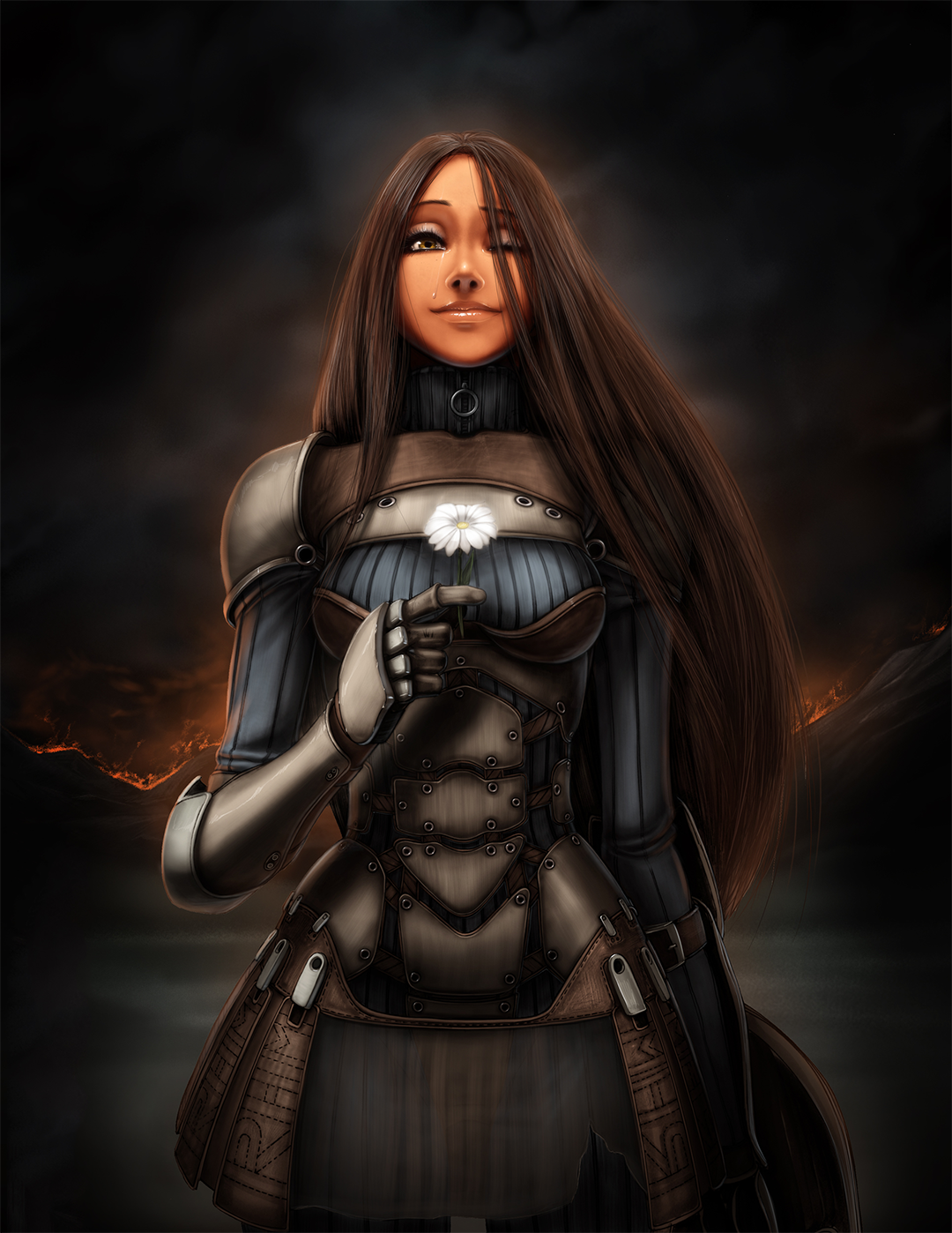 Fantasy Armor Woman Holding a White Flower HD Wallpaper