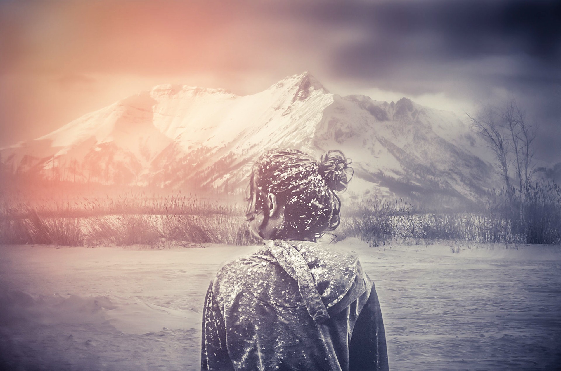 Woman in winter landscape with snow-covered mountains HD Wallpaper