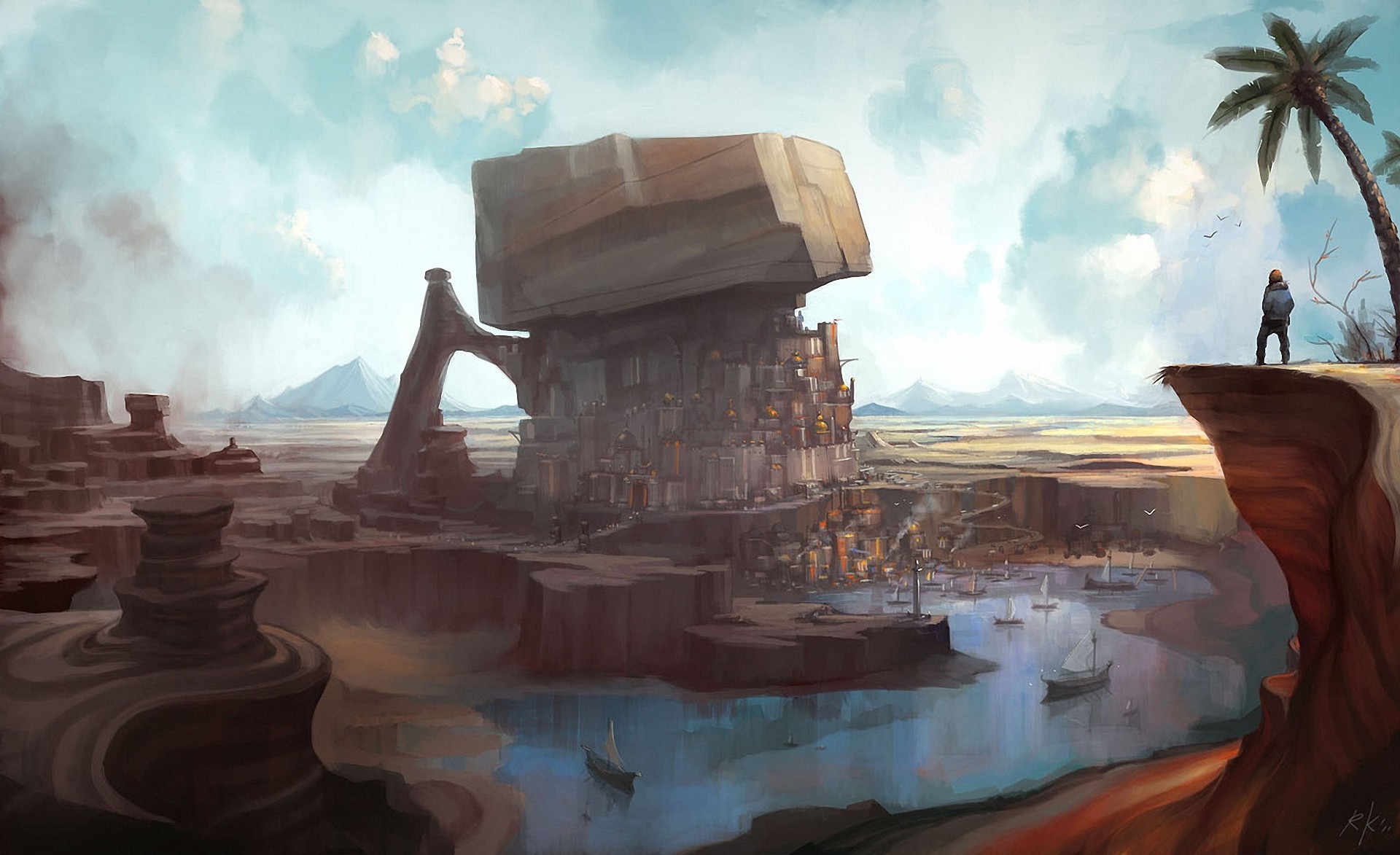 Fantasy art of a desert city built into a rock formation HD Wallpaper