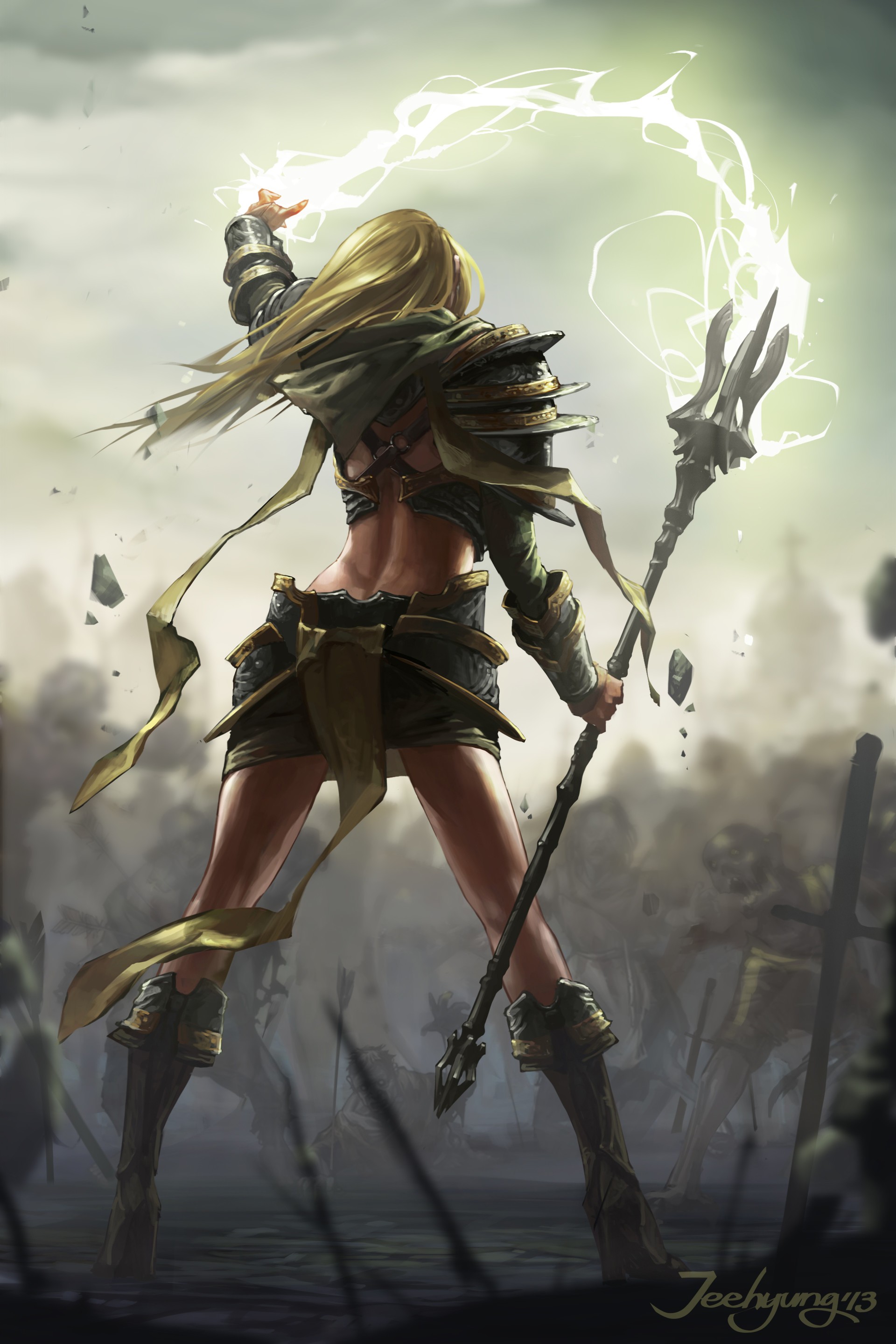 Woman casting lightning with a staff in a battlefield HD Wallpaper
