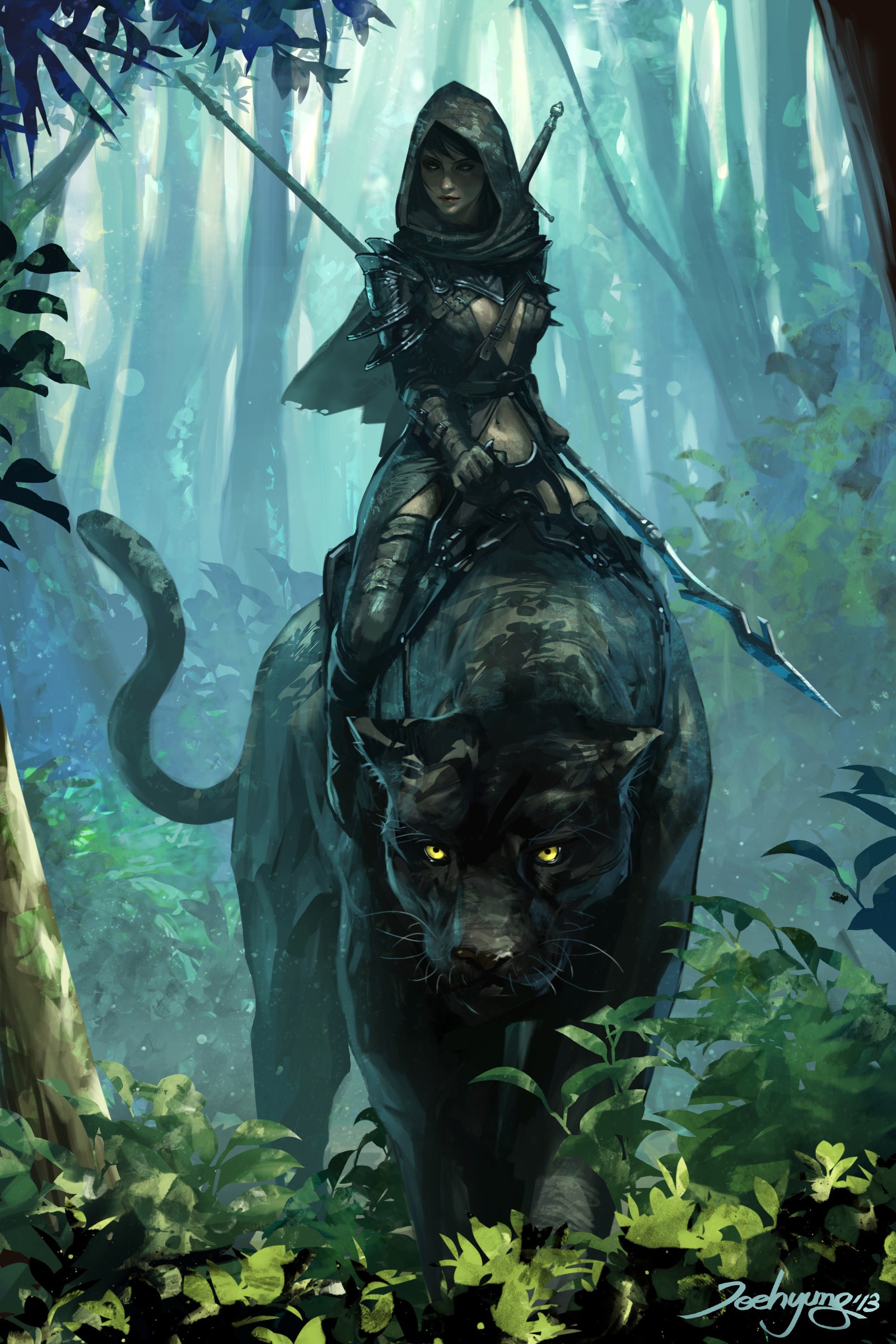 Fantasy warrior riding a black panther in a forest HD Wallpaper