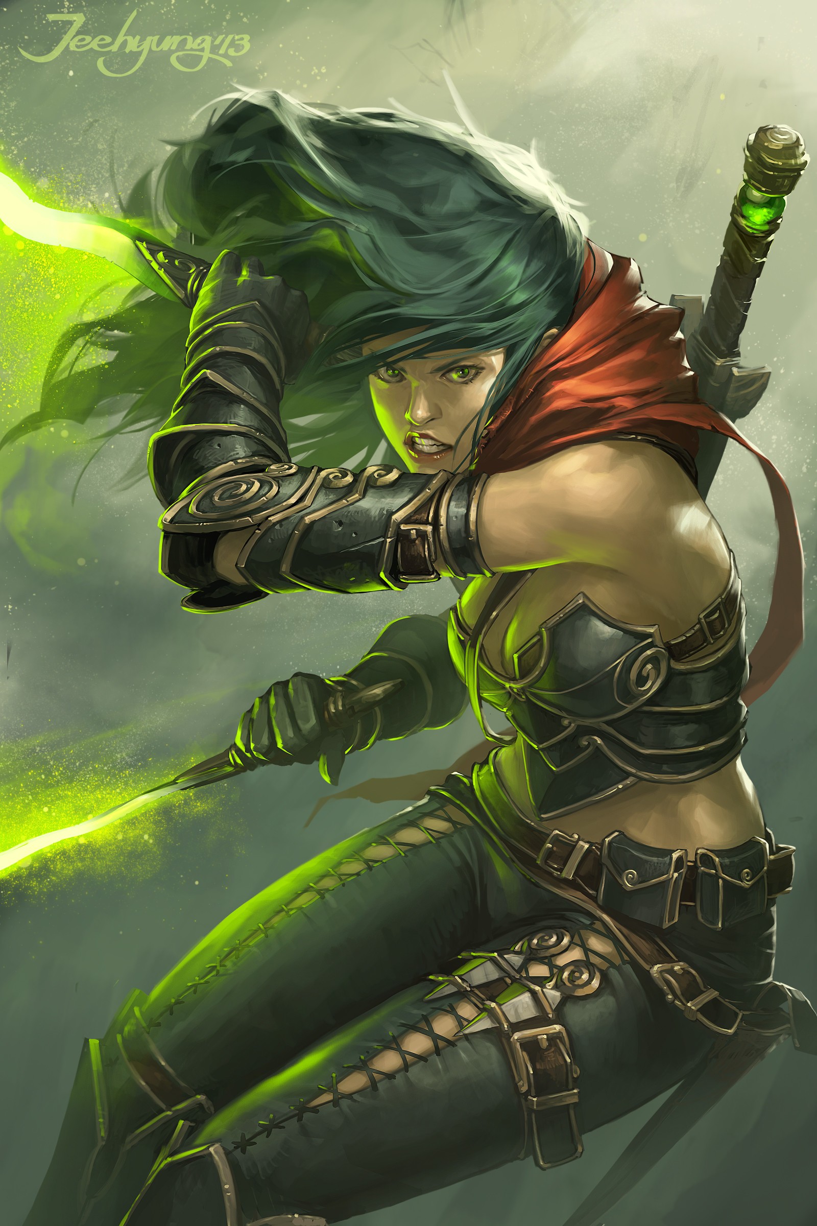 Fantasy warrior with green hair and glowing swords HD Wallpaper