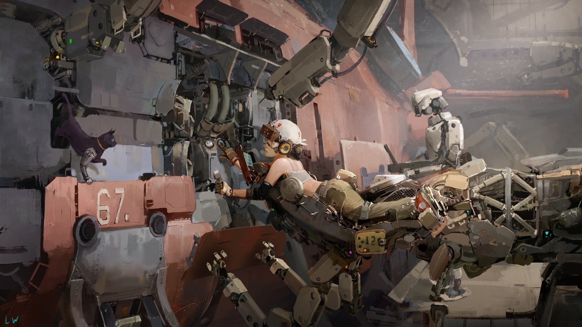 Cyberpunk scene with robots and a cat HD Wallpaper